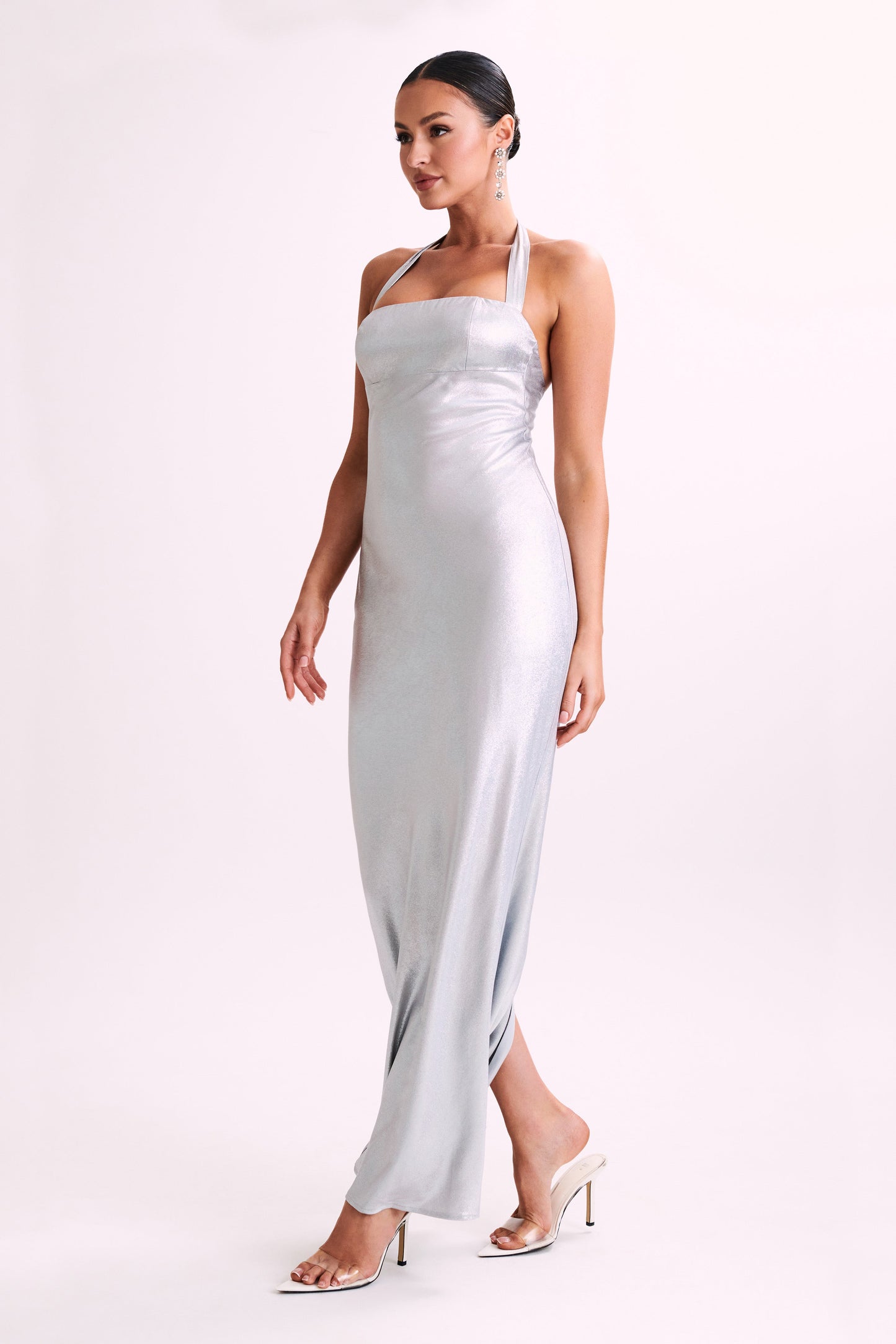 Sabra Satin Halter Maxi Dress - Silver