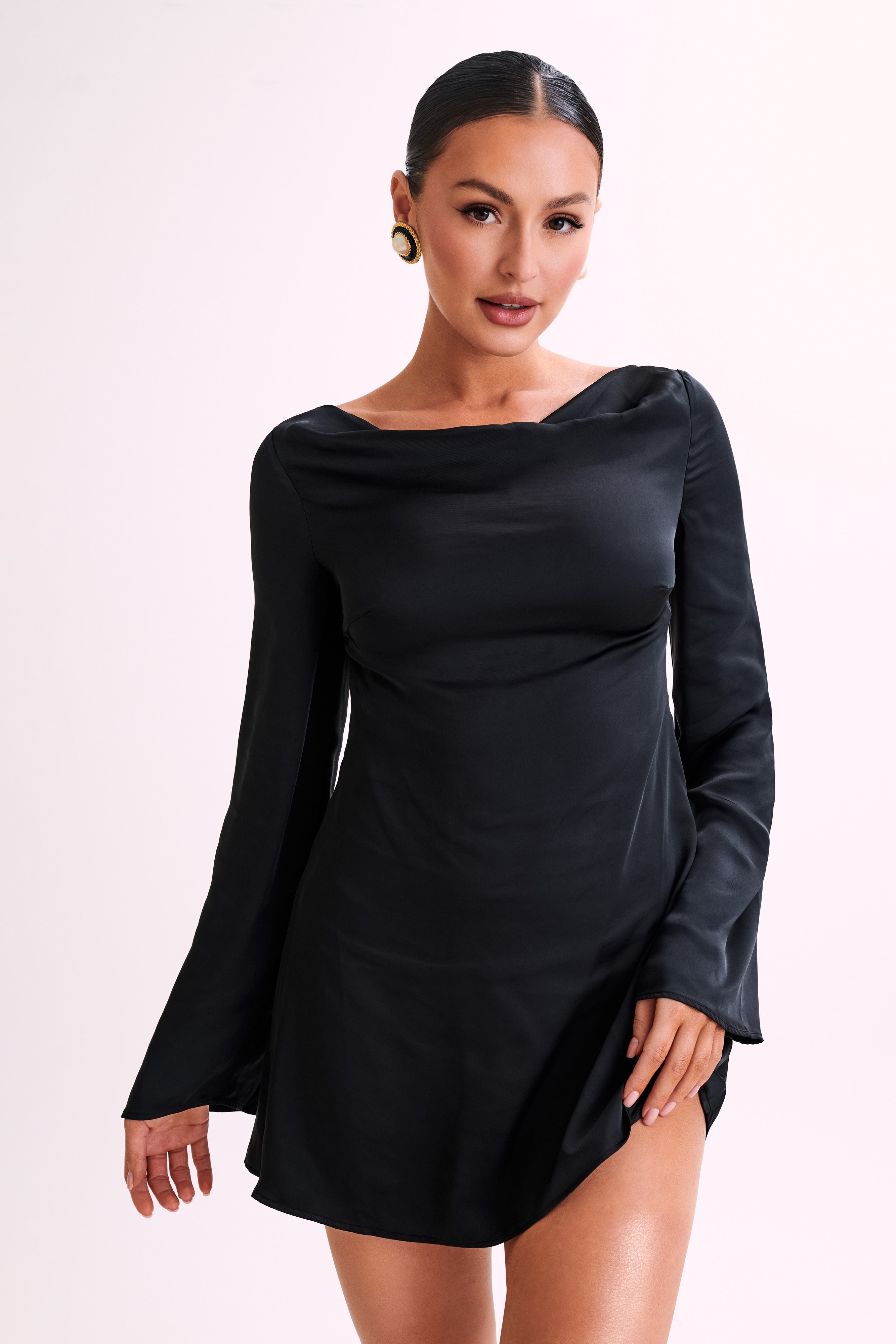 SILK Cowl Neck Bodycon LONG SLEEVE Little Black Midi hot Dress M 6 8