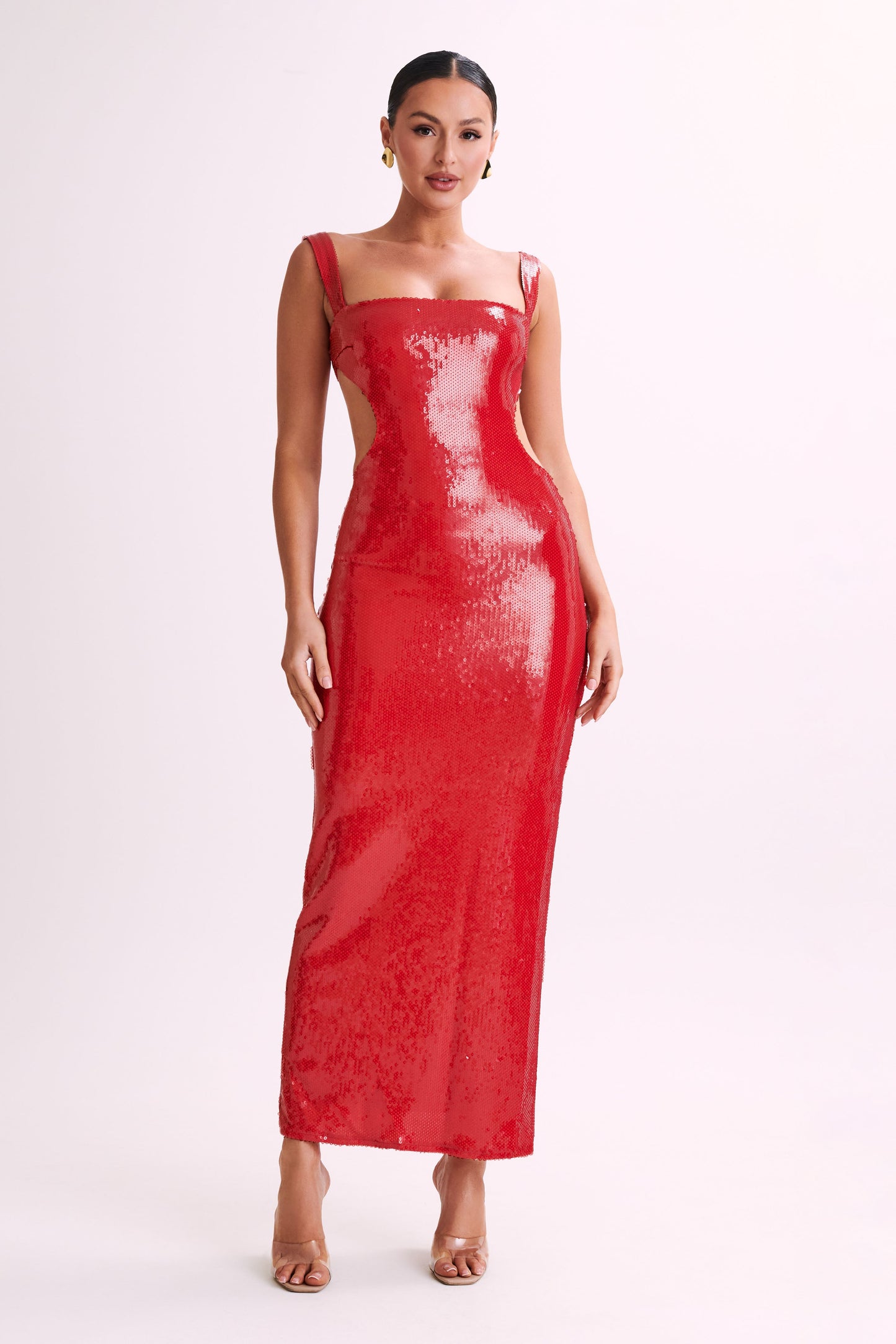 Adoria Sequin Cut Out Maxi Dress - Red