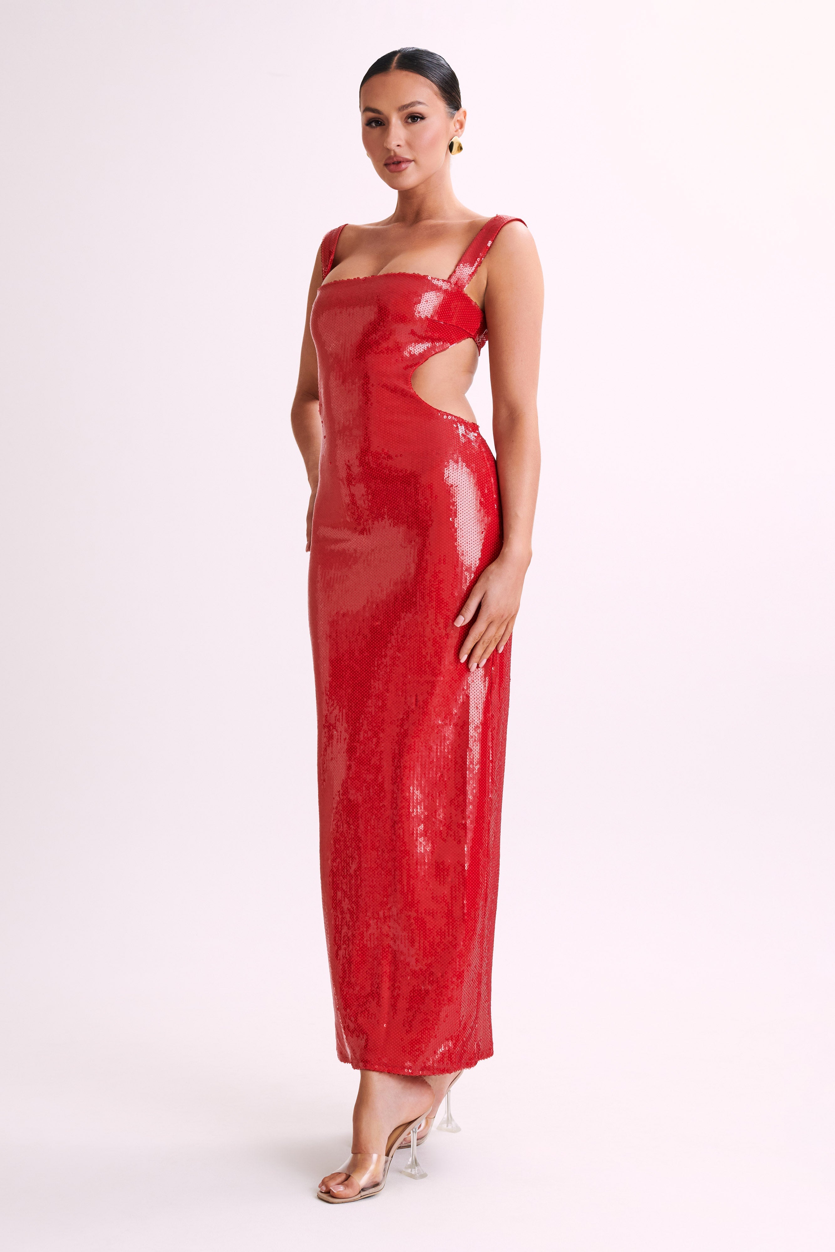 Adoria Sequin Cut Out Maxi Dress Red MESHKI US