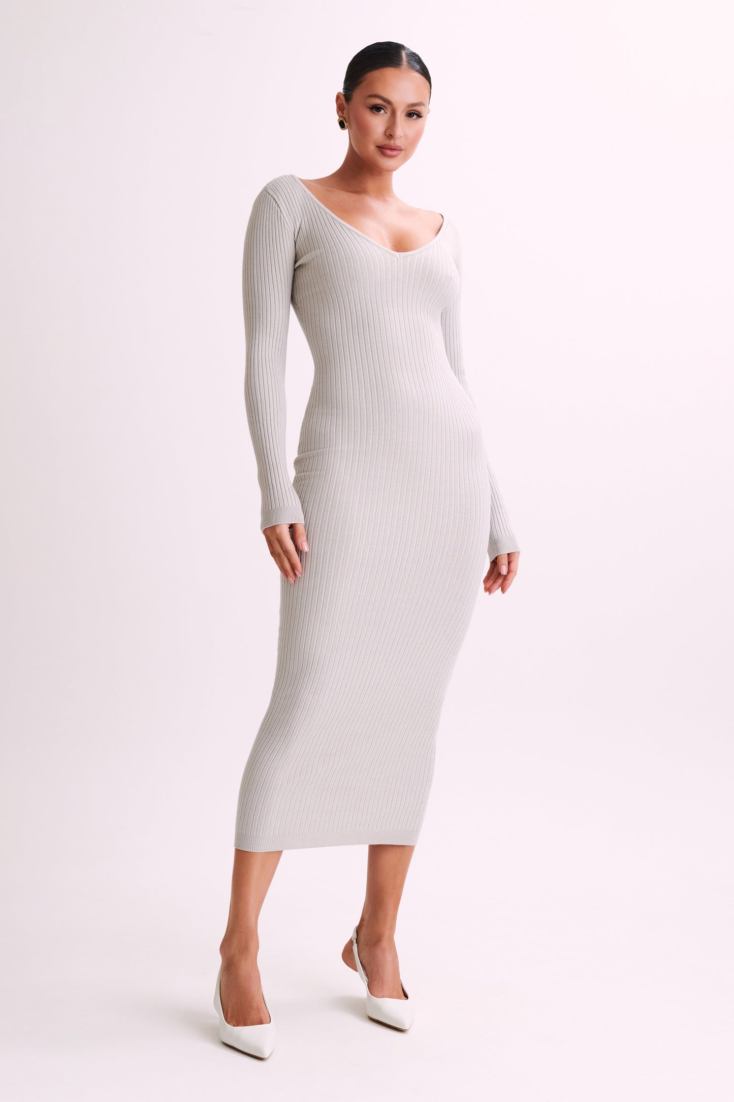 Nina Long Sleeve Knit Midi Dress - Grey Marle