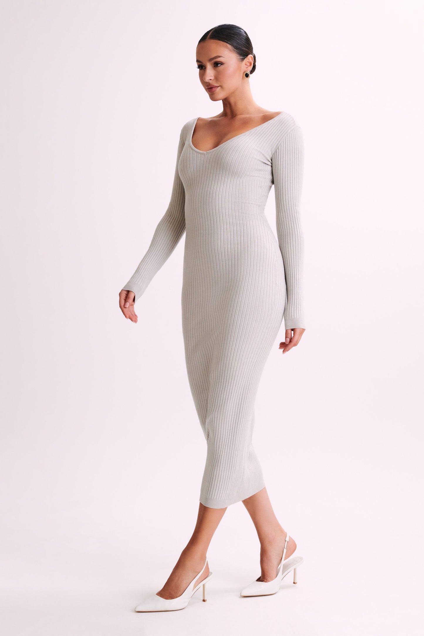 Nina Long Sleeve Knit Midi Dress - Grey Marle