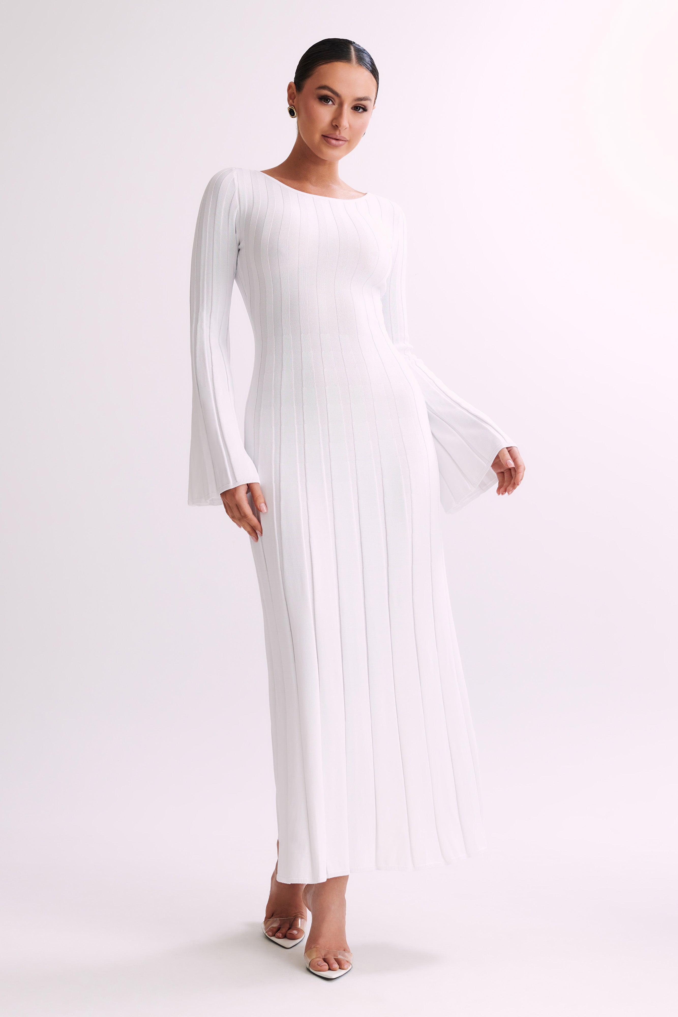 Mabel Long Sleeve Knit Maxi Dress - White - MESHKI U.S