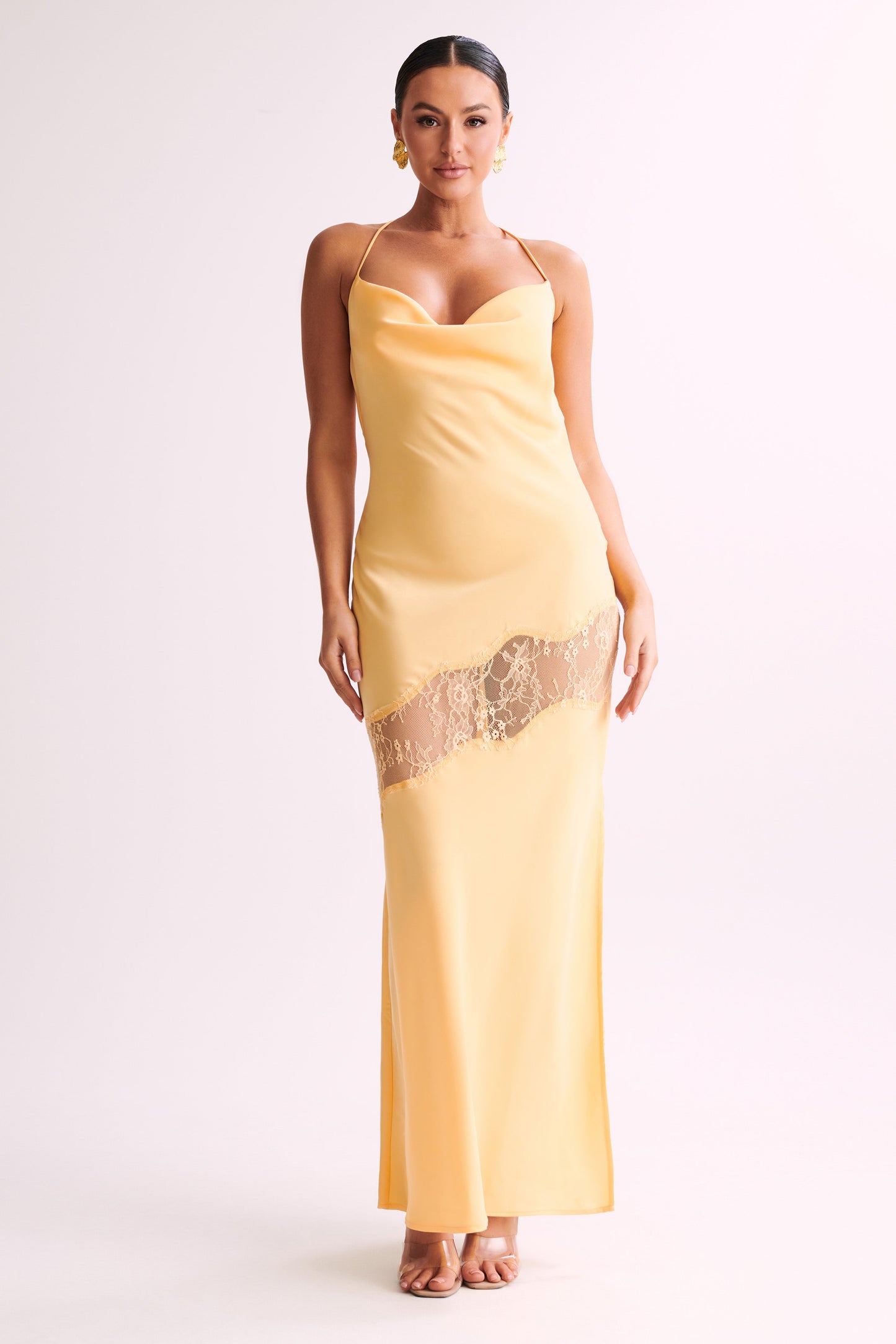 Chandra Lace Detail Satin Maxi Dress - Lemon