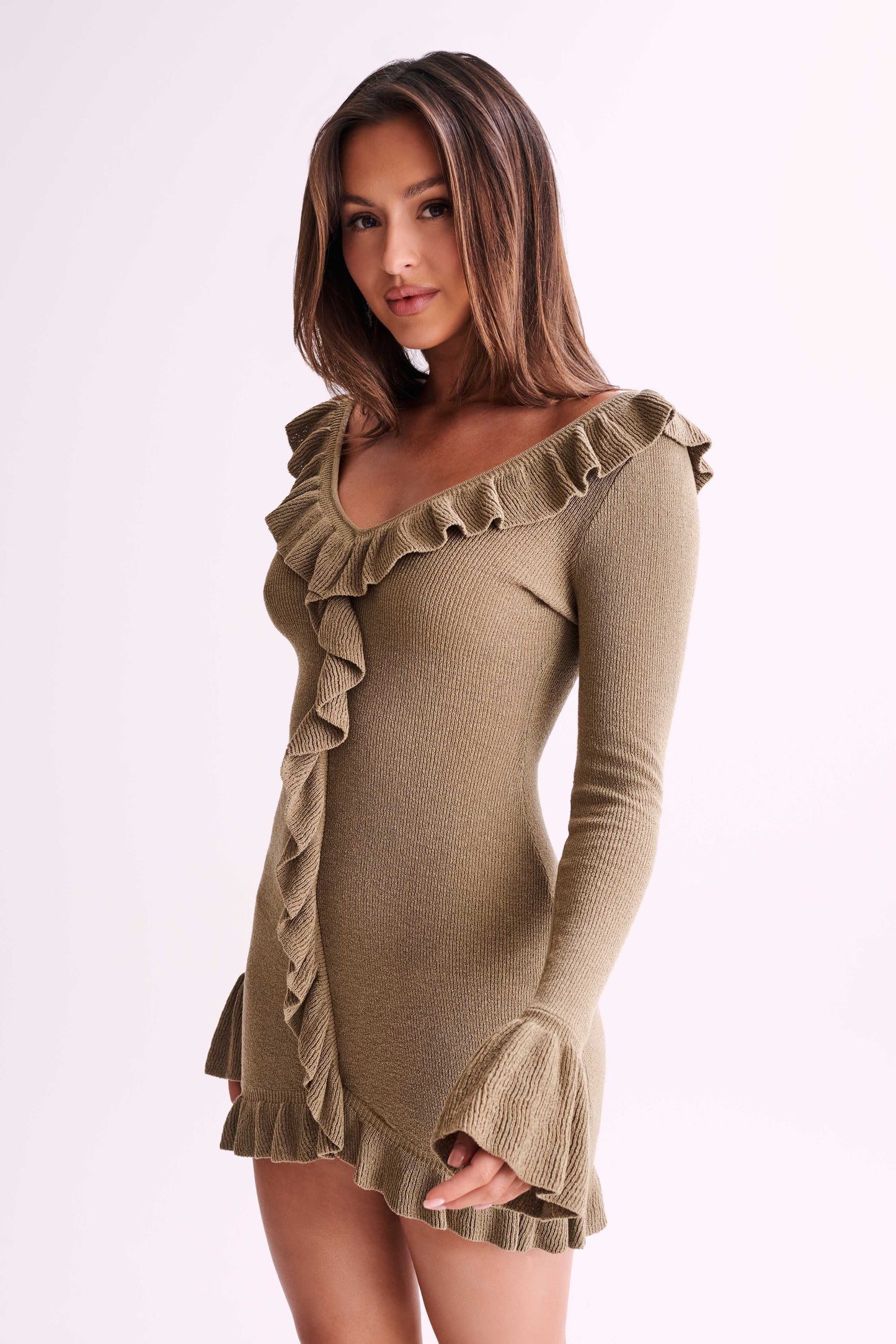 Karolina Knit Mini Dress With Frill - Olive