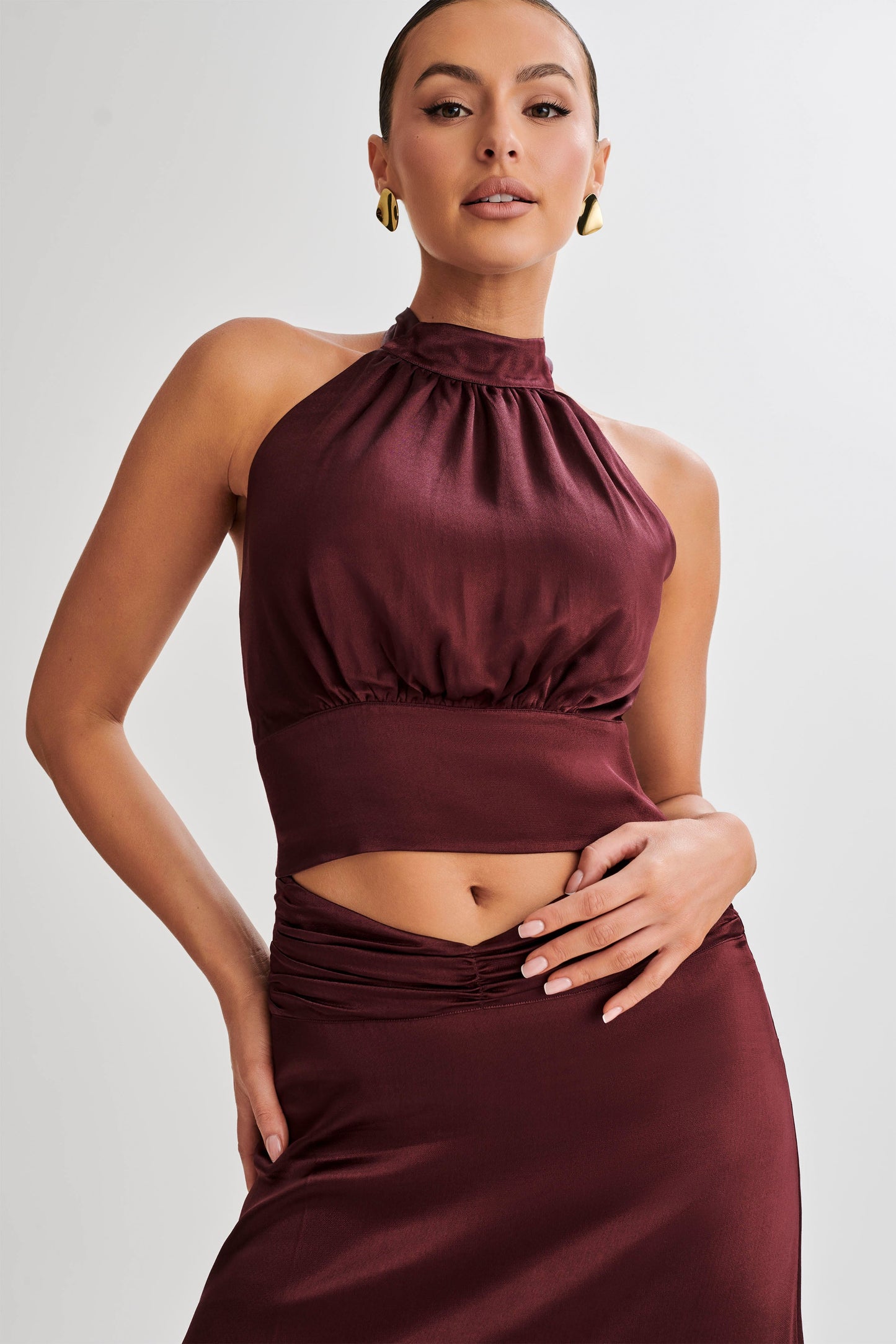 Clara Satin Halter Top - Plum