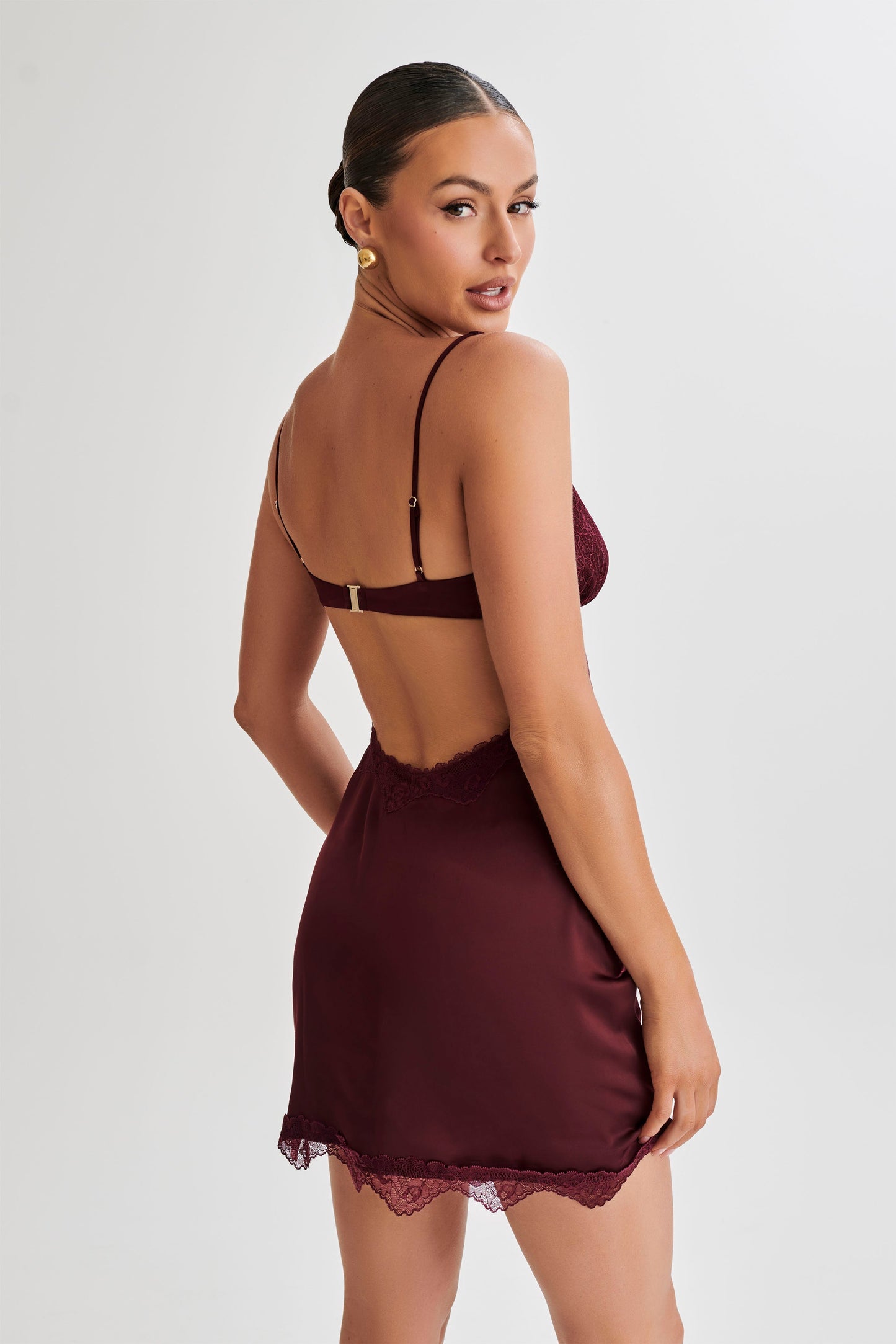 Alondra Satin Mini Dress With Lace - Plum