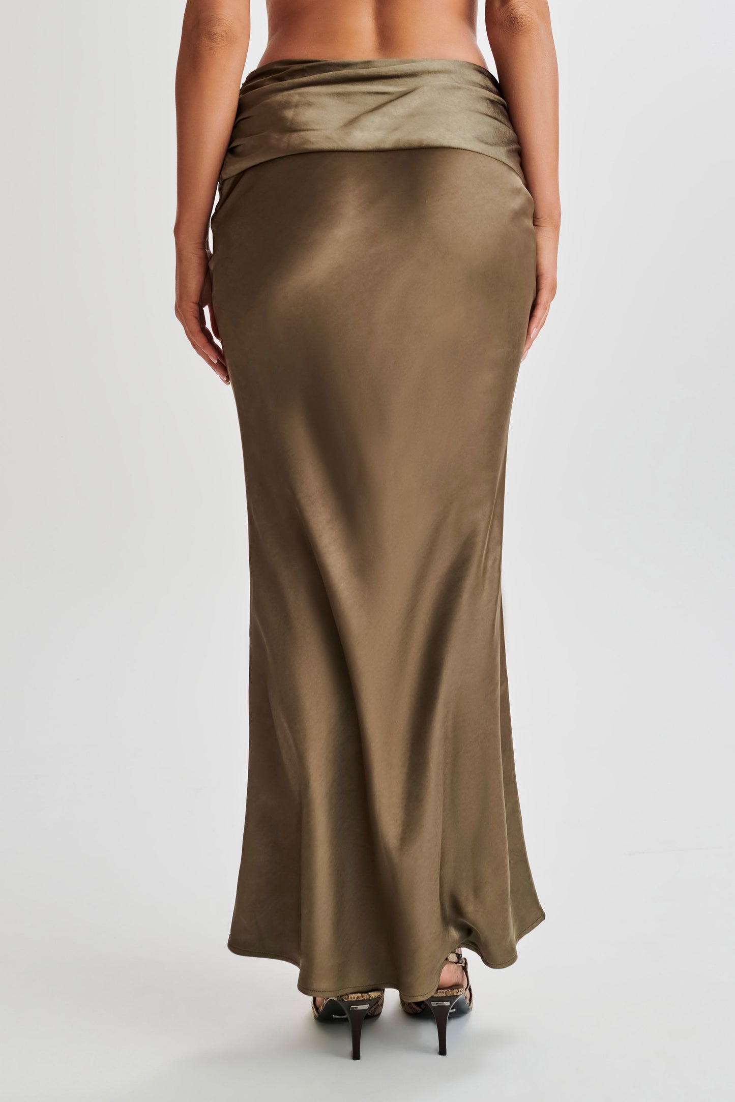 Khalani Ruched Satin Maxi Skirt - Khaki