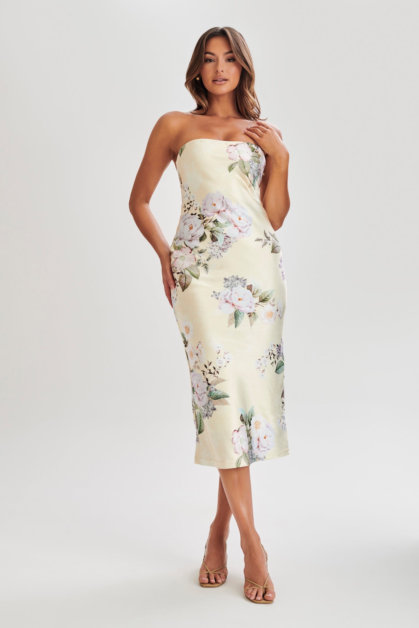 Tyler Strapless Satin Midi Dress - Lemon Floral Print