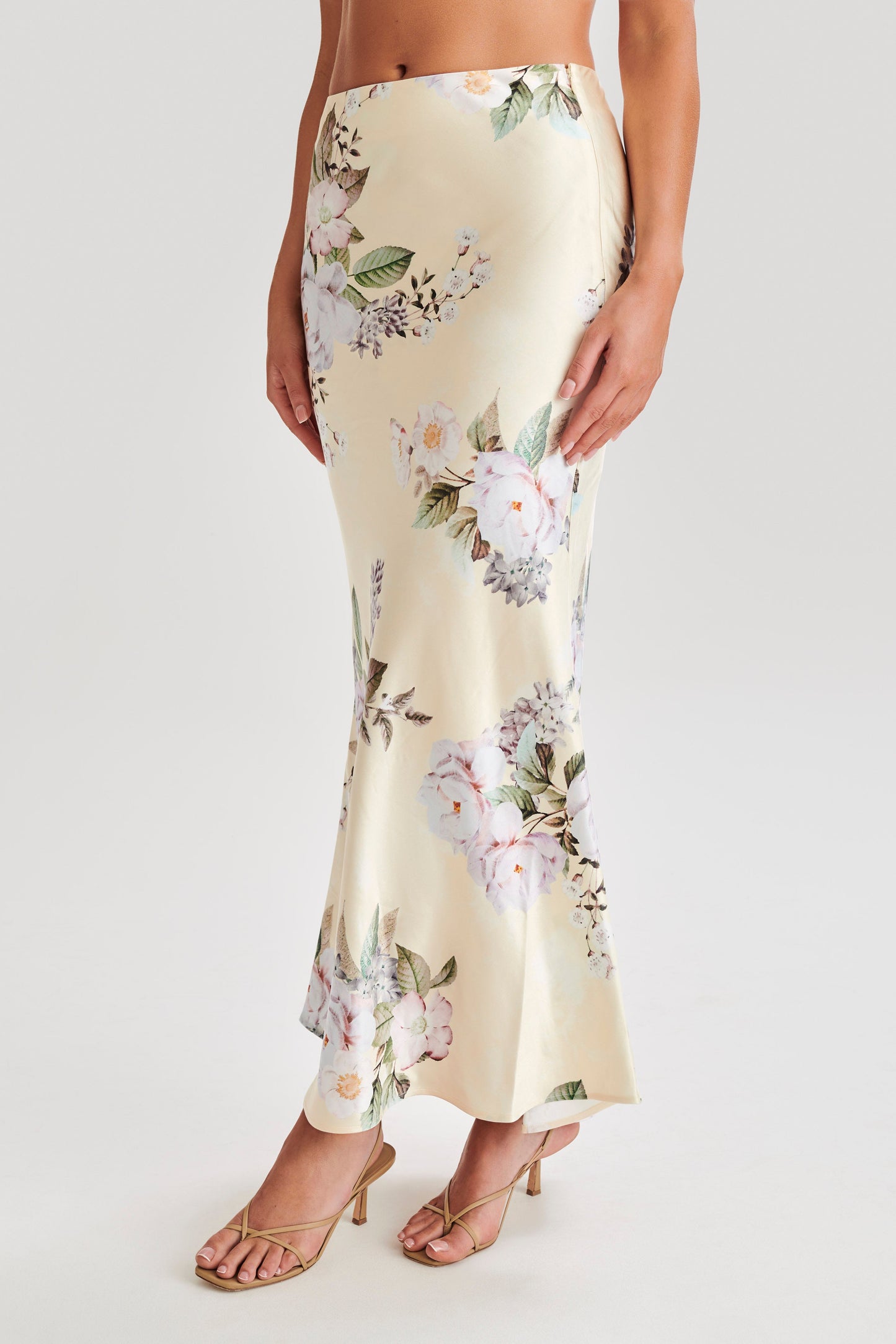 Karley Floral Satin Midi Skirt - Lemon Floral Print