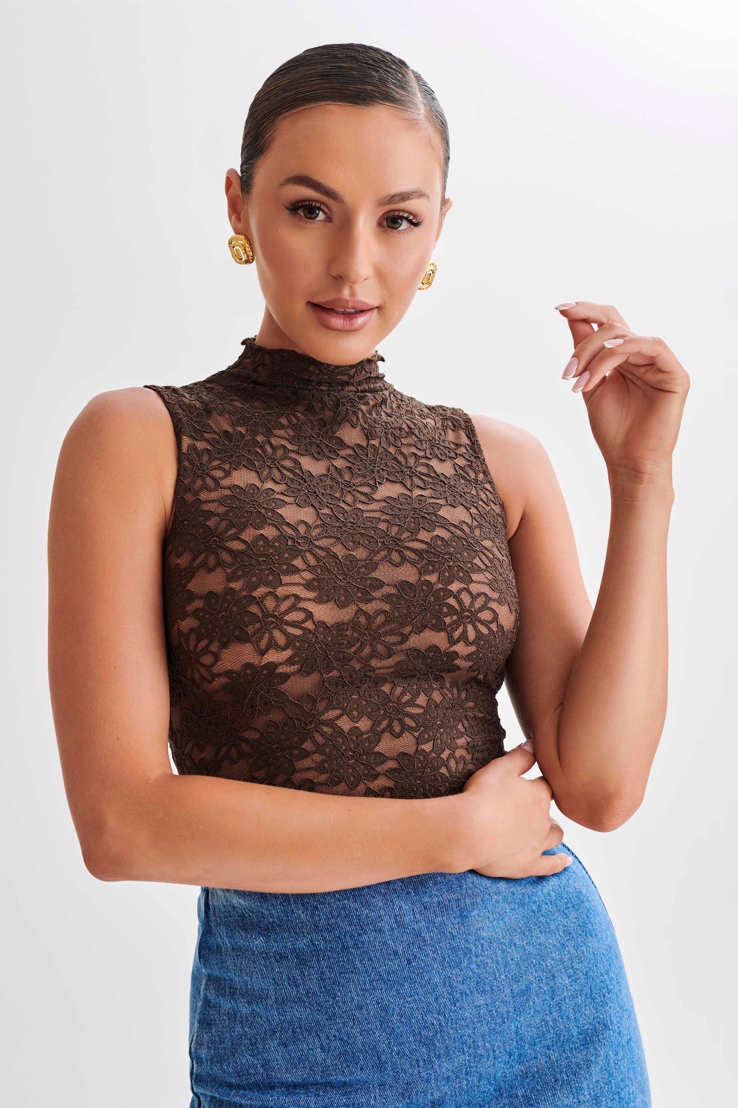 Elska Lace High Neck Top - Chocolate