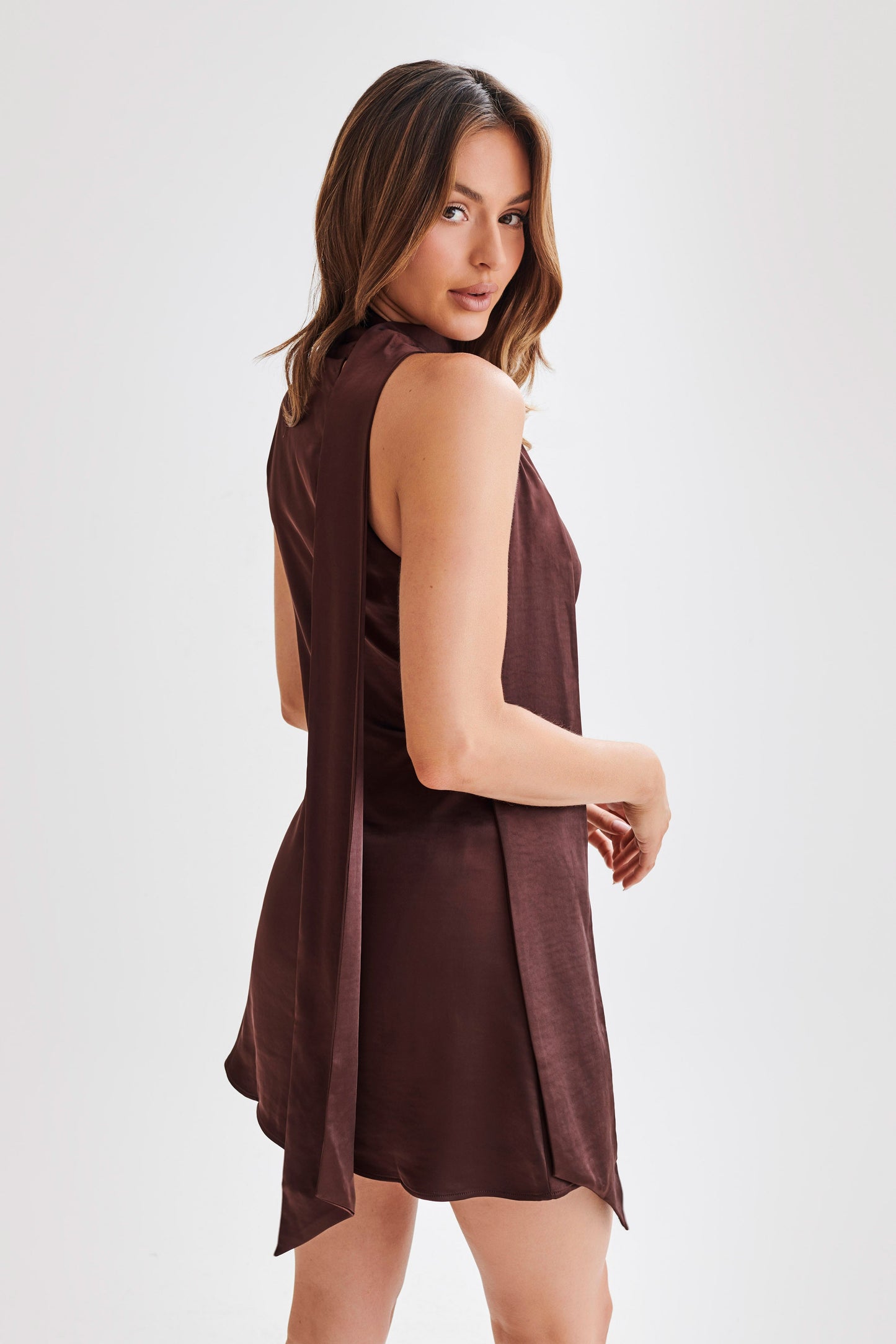 Aubriella Halter Mini Dress With Tie - Dark Chocolate