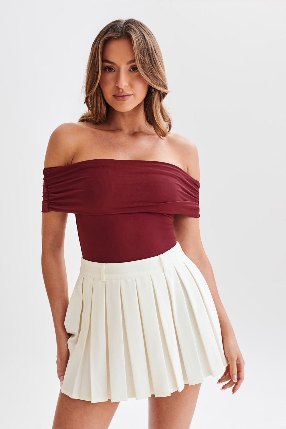 Meena Recycled Nylon Off Shoulder Top - Wine