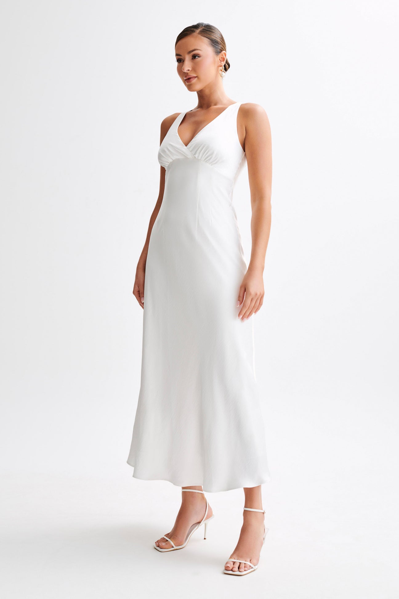 Meghan Short Sleeve Satin Maxi Dress - Ivory- MESHKI U.S