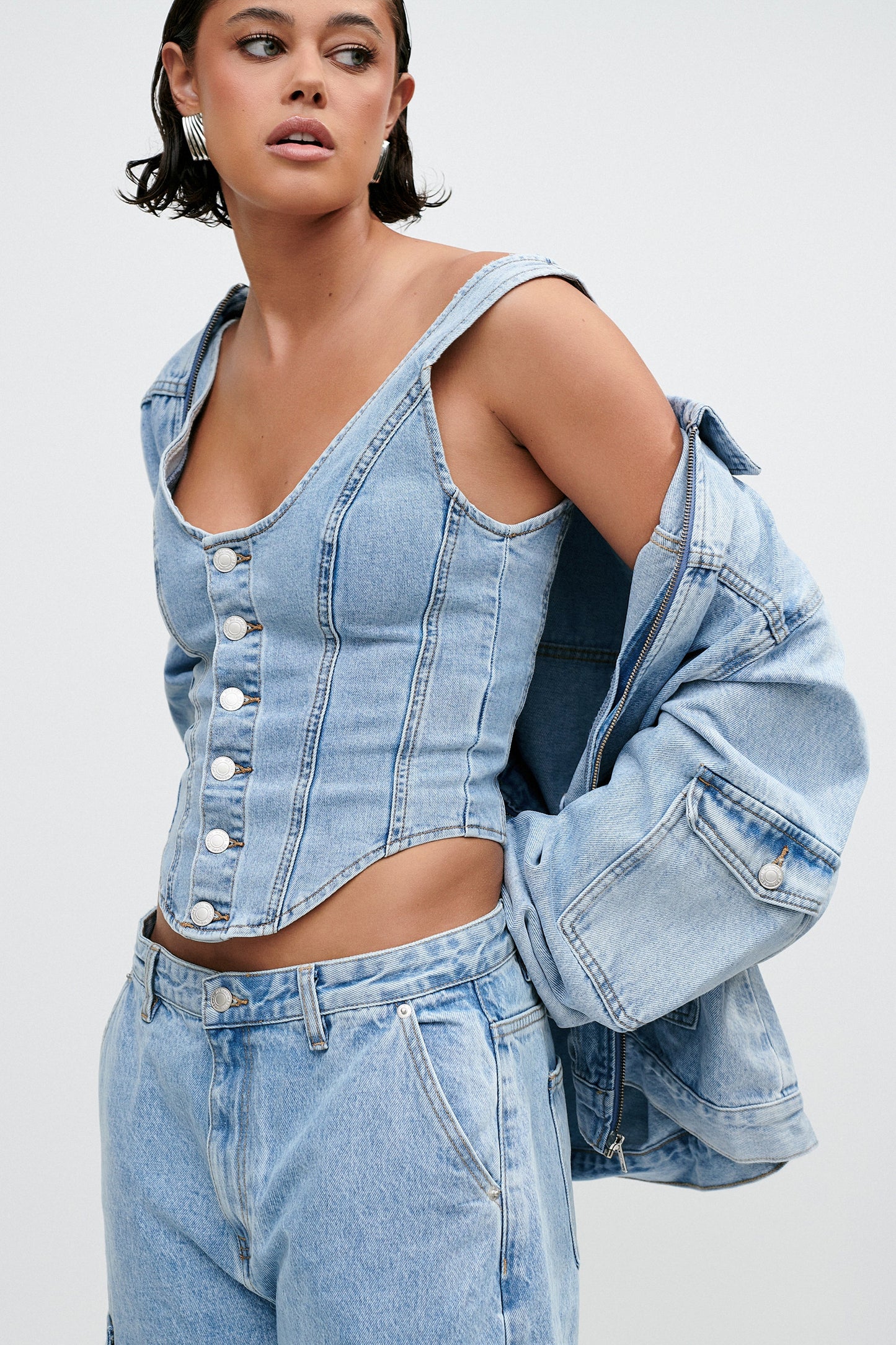 Leilani Corset Denim Top - Mid Blue