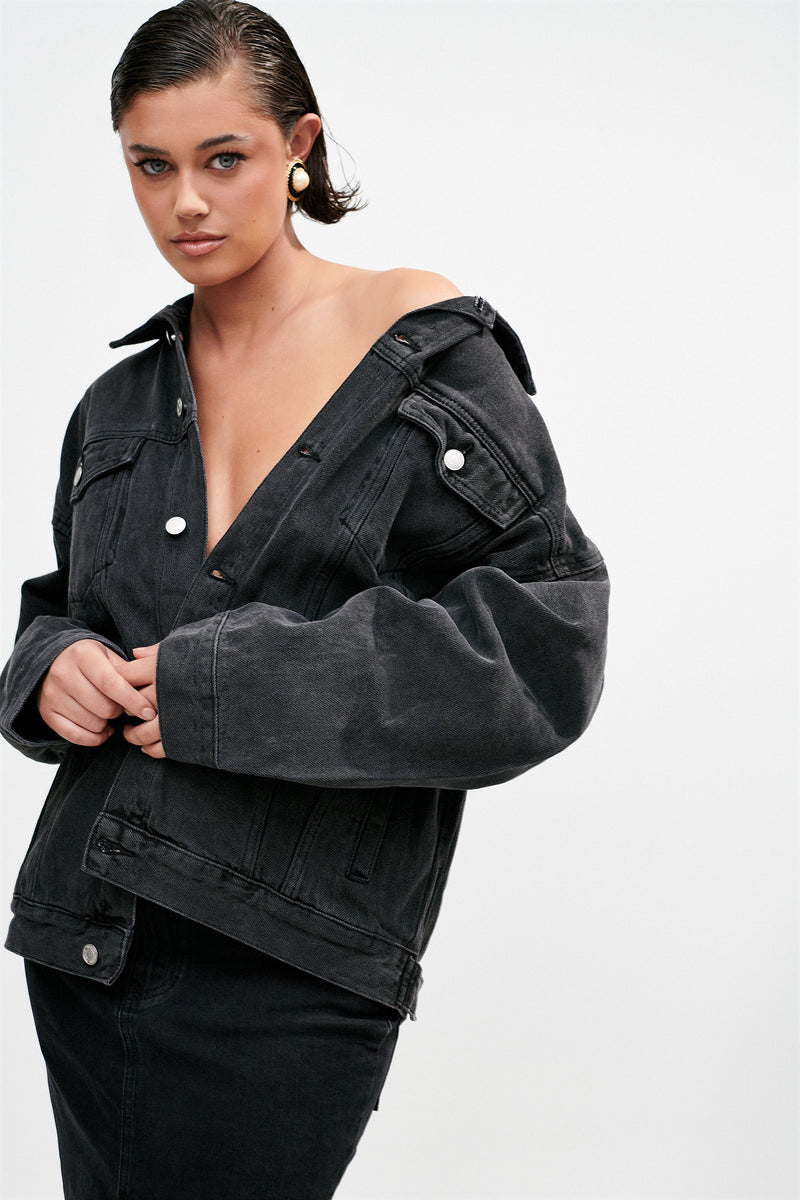 Sion Oversized Denim Jacket - Washed Black - MESHKI U.S