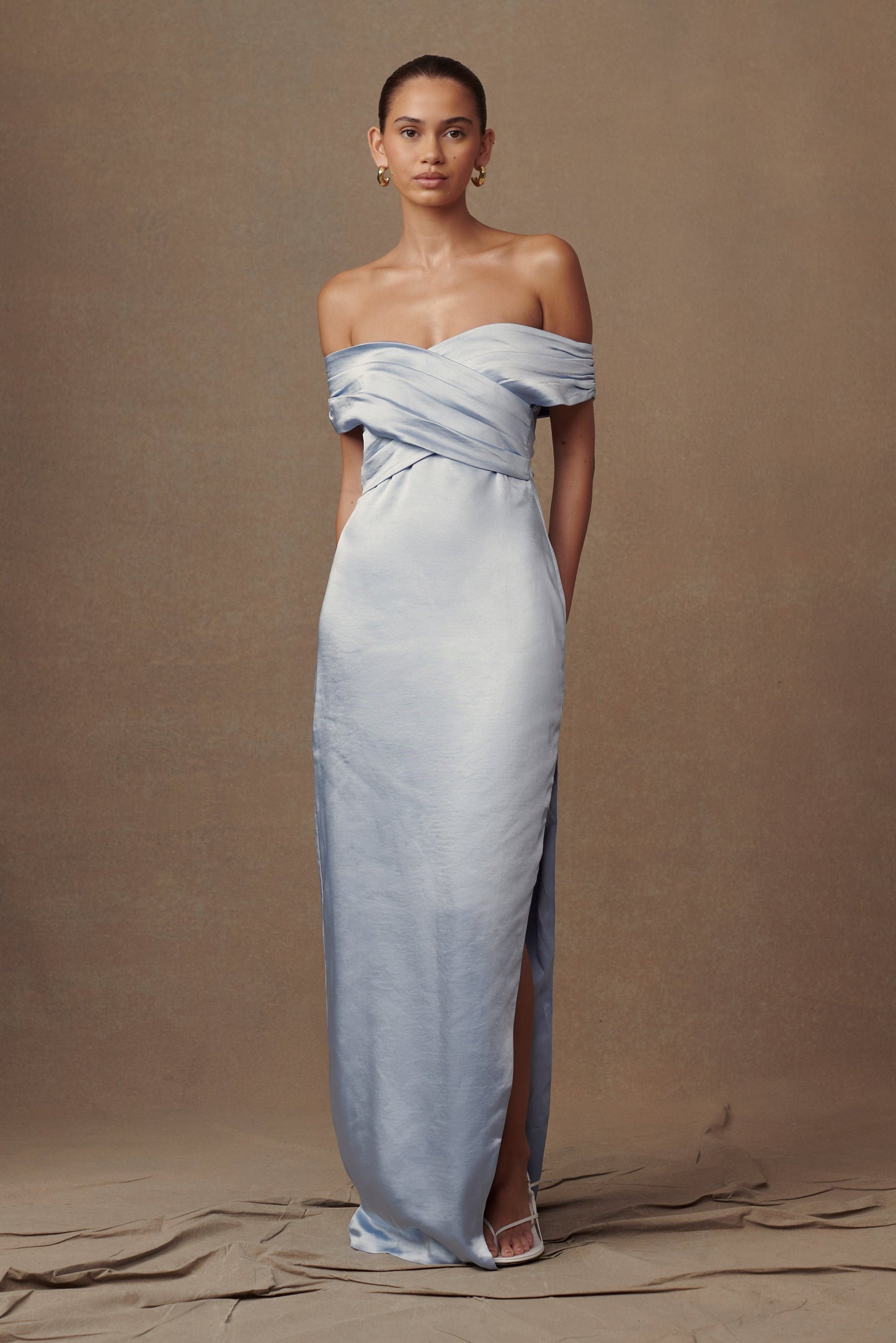 Harley Off Shoulder Satin Maxi Dress - Cornflower Blue