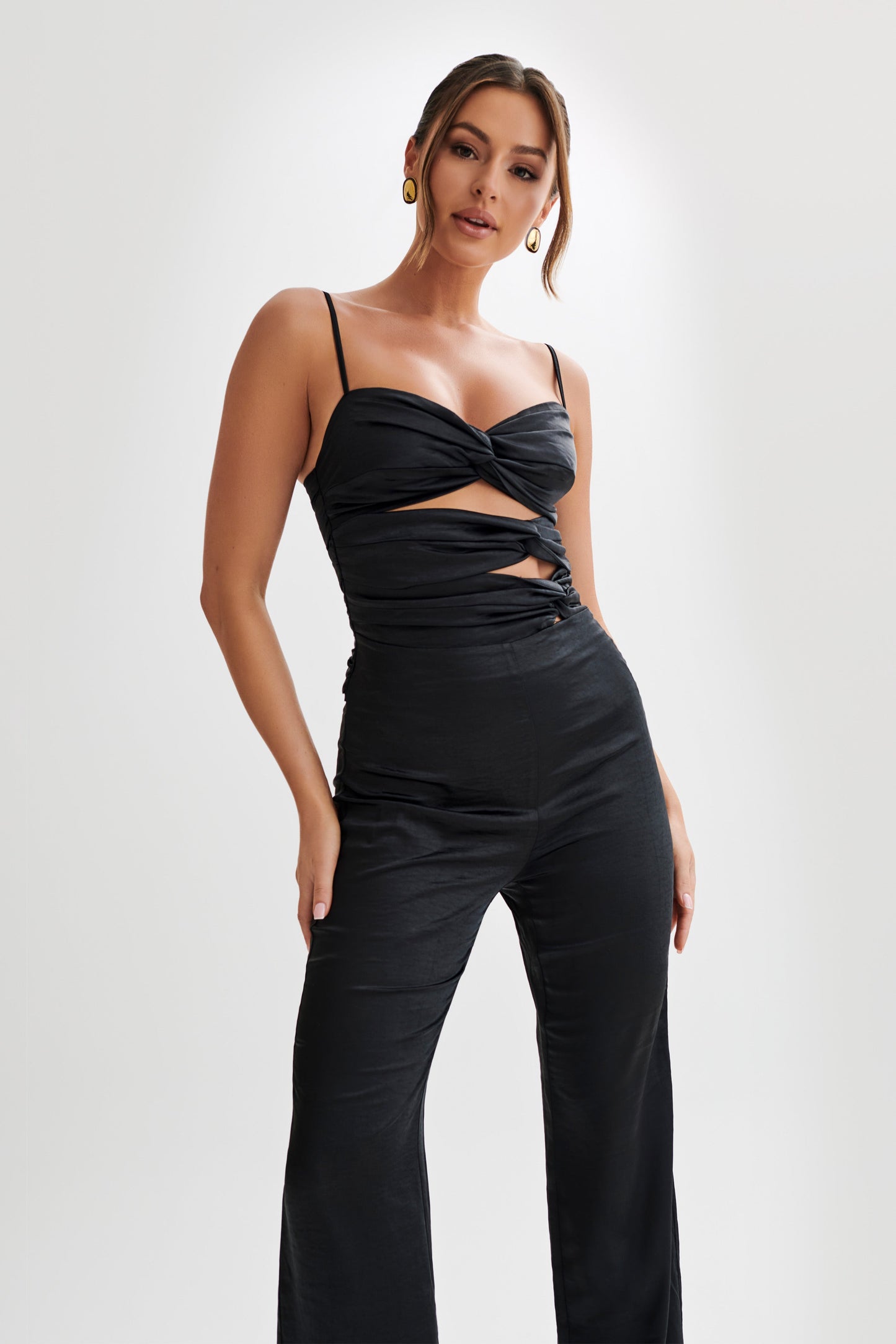 Elina Twist Satin Jumpsuit - Black