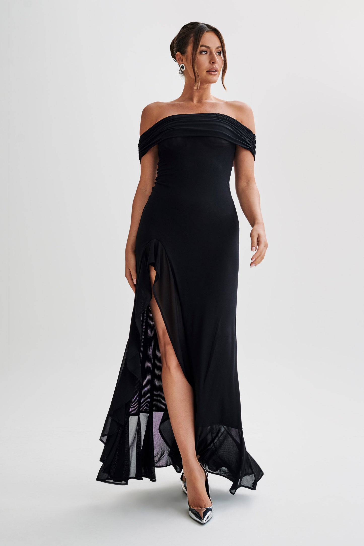 Audrey Off Shoulder Mesh Maxi Dress - Black