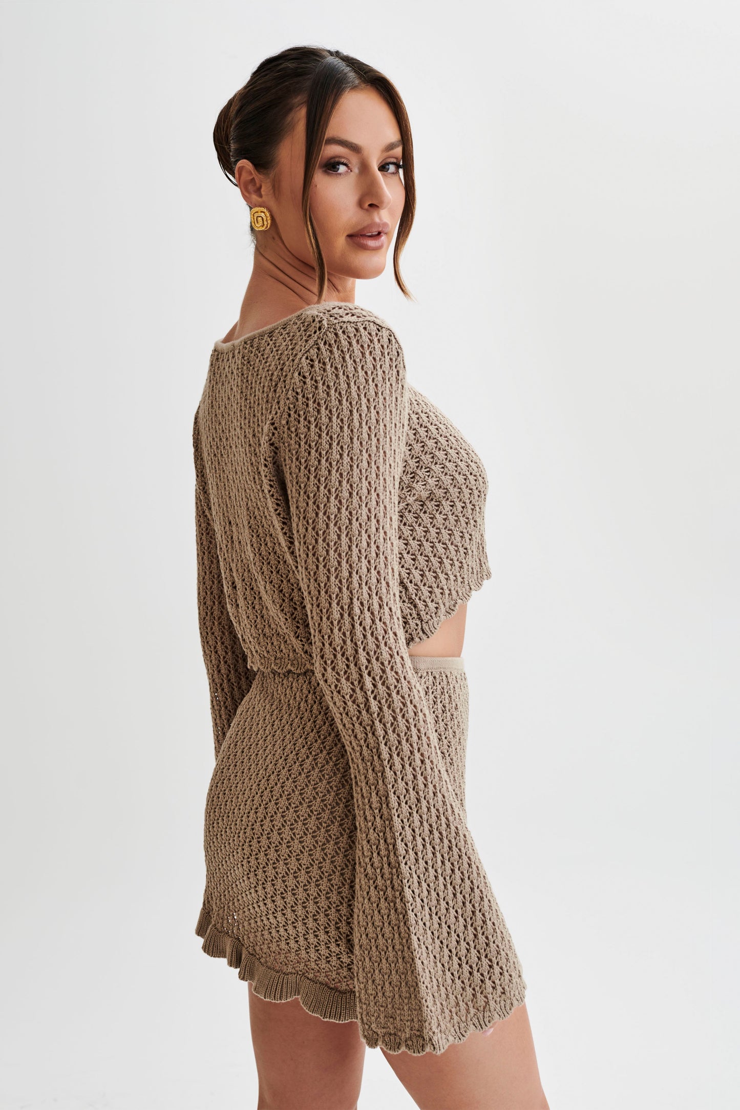 Sian Knit Long Sleeve Crop Top - Taupe