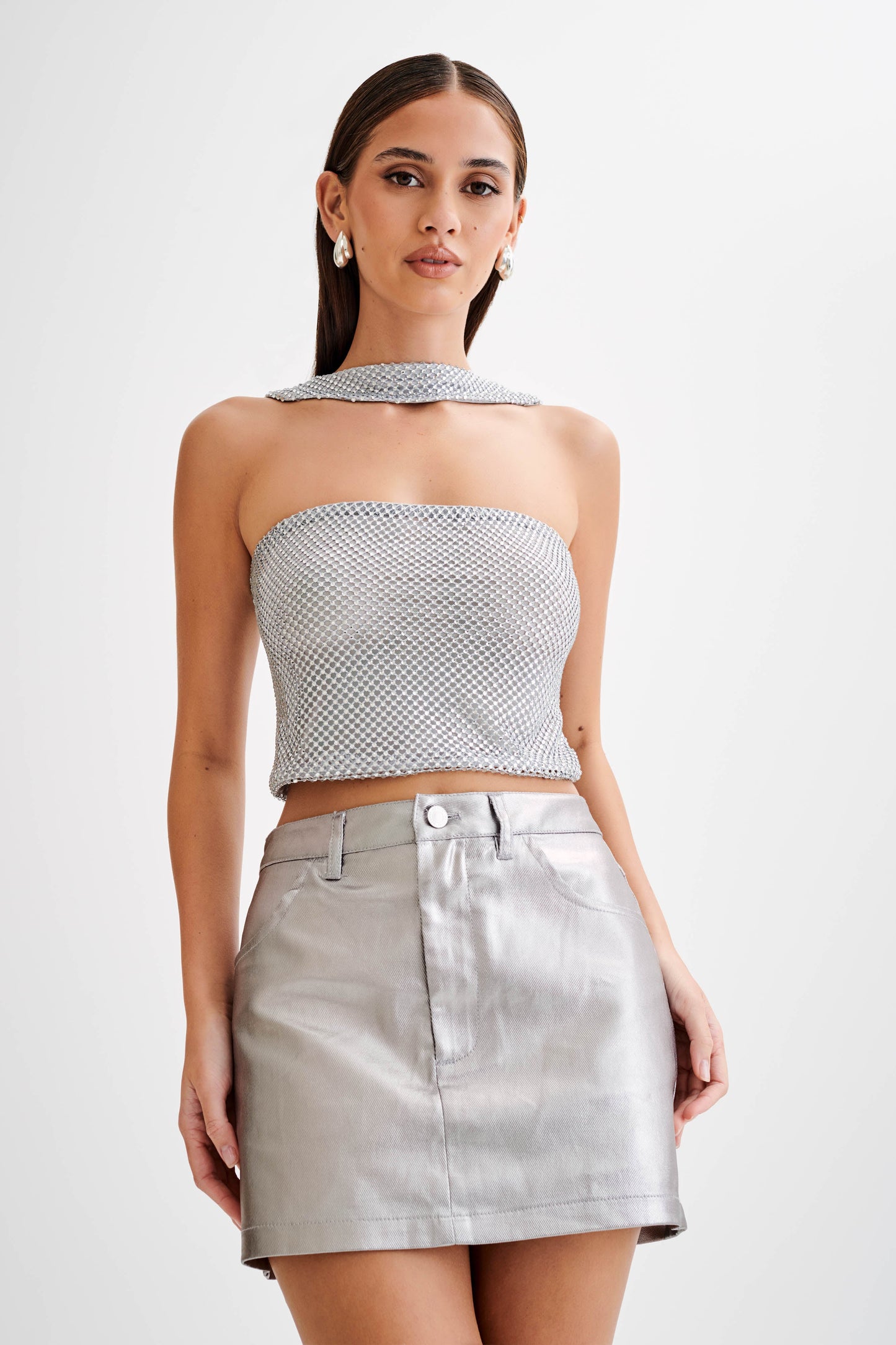 Agnes Diamante Mesh Halter Top - Silver