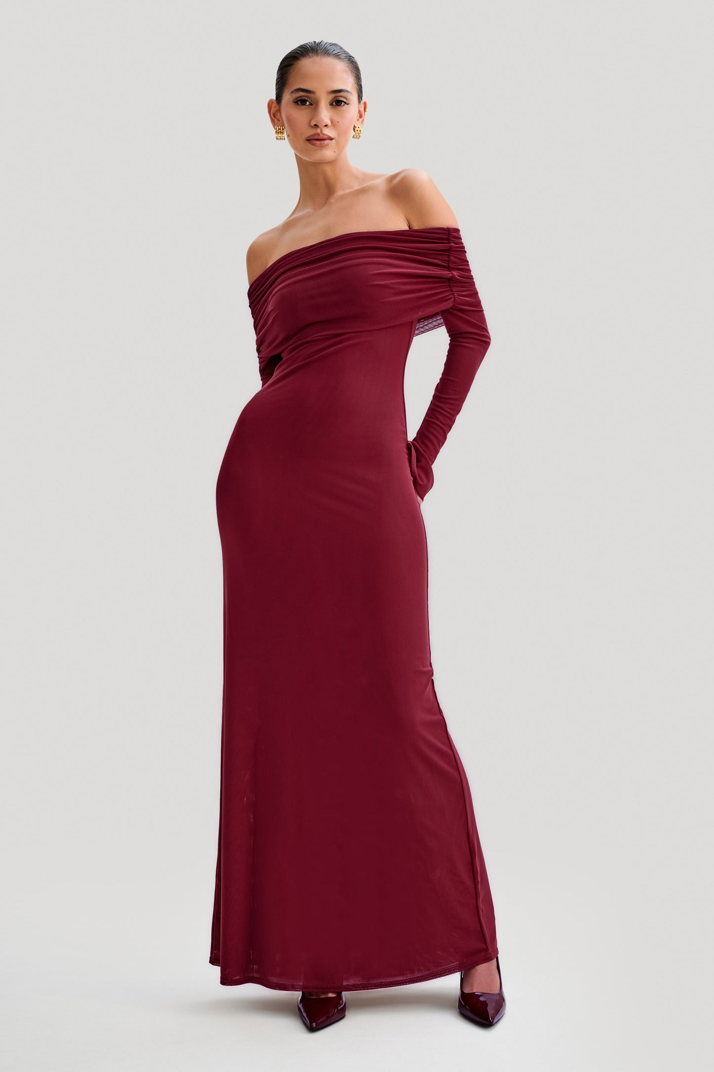 Josie Off Shoulder Mesh Maxi Dress - Wine