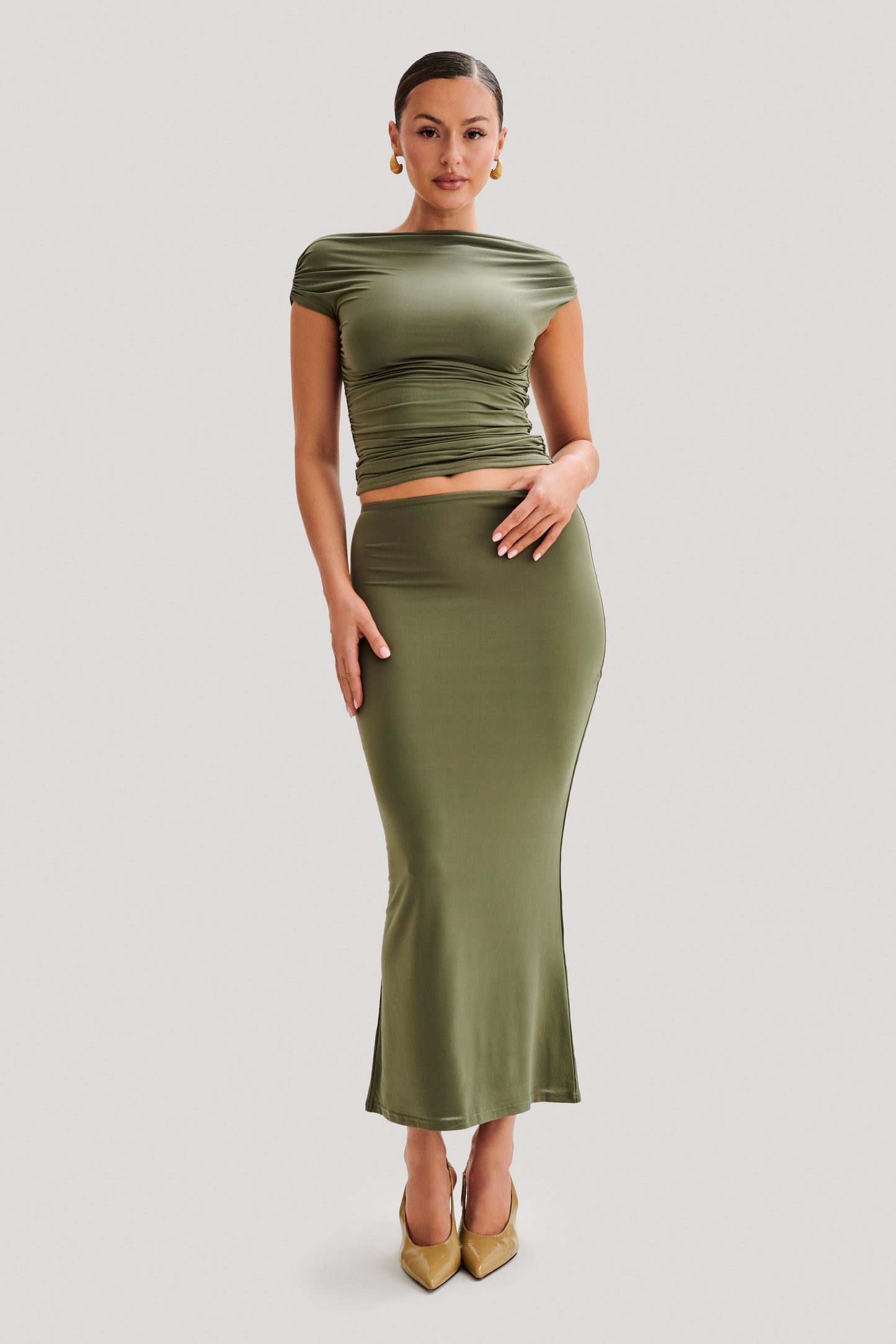 Charlene Slinky Midi Skirt - Olive