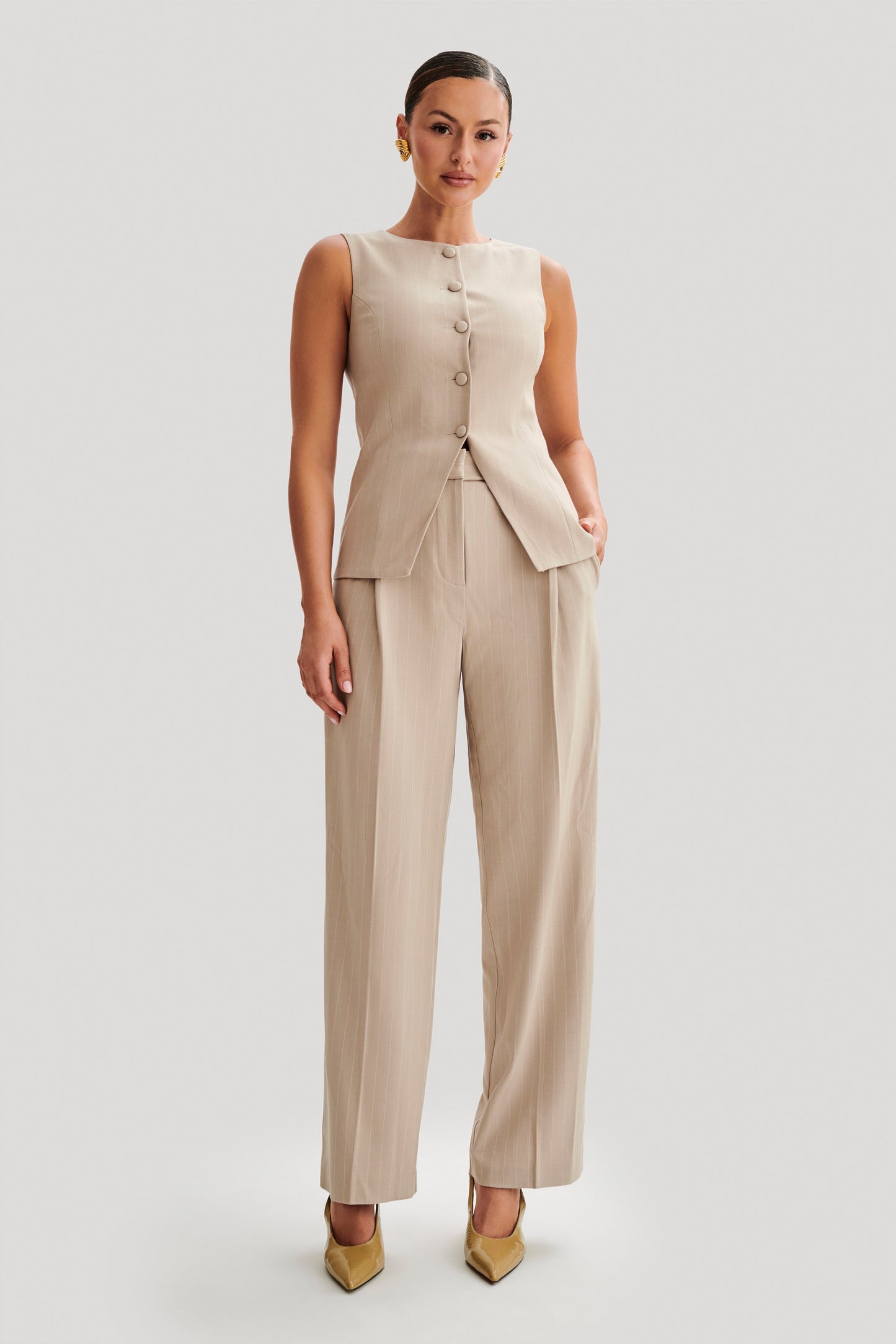 Amelie Suiting Straight Leg Pants - Taupe Pinstripe