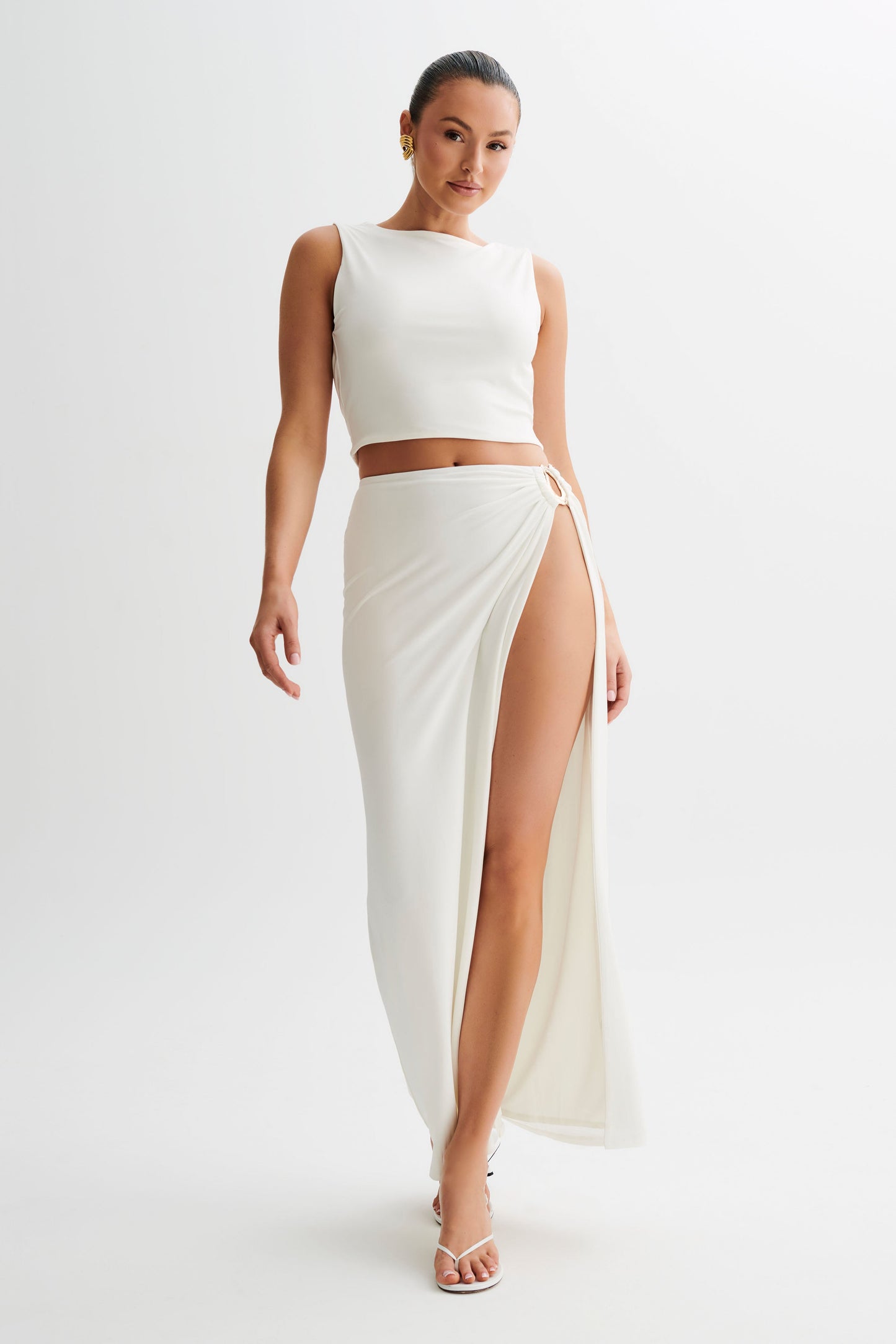 Suri Slinky Maxi Skirt With Gold Hardware - White