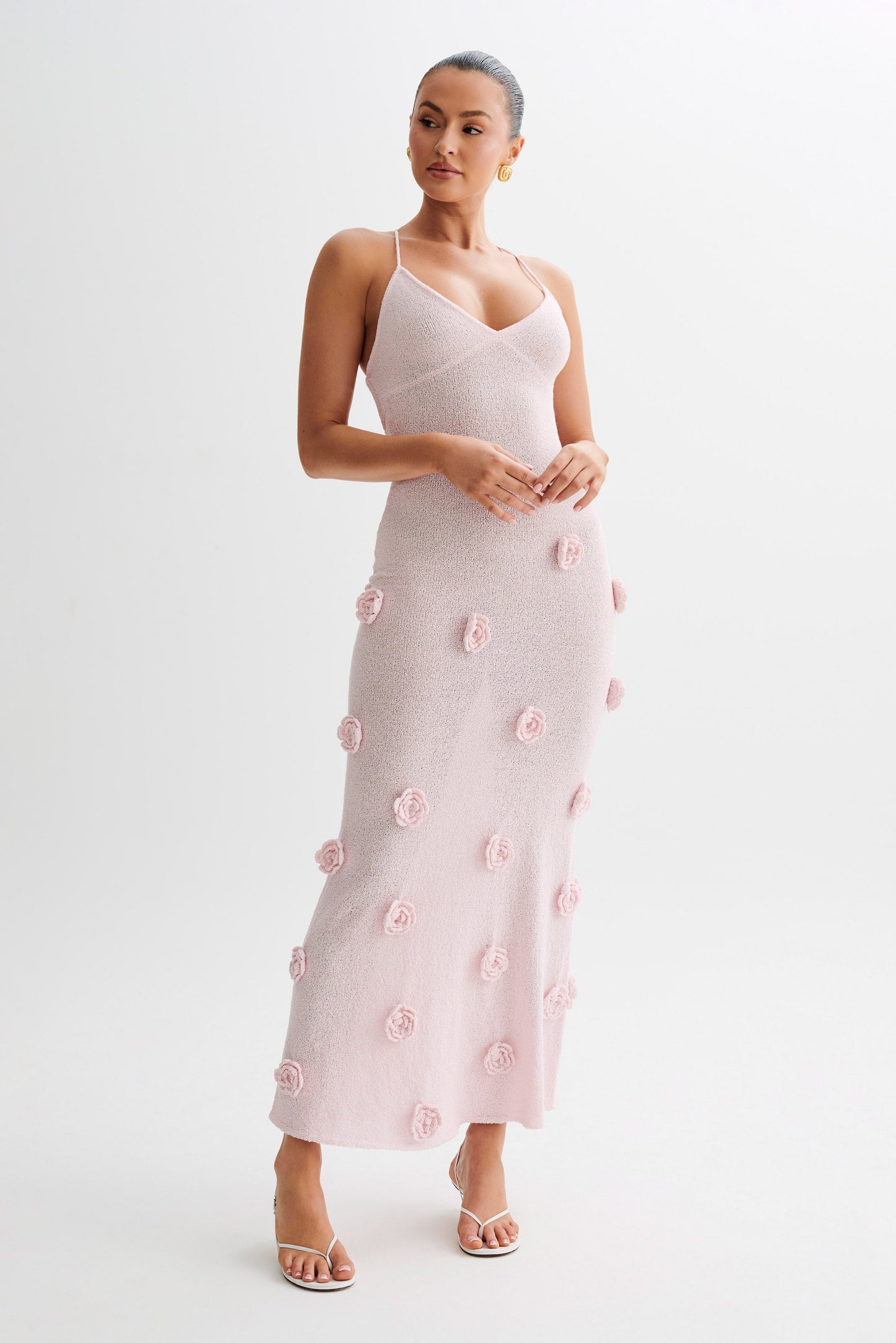 Suki Knit Maxi Dress With Flowers - Baby Pink