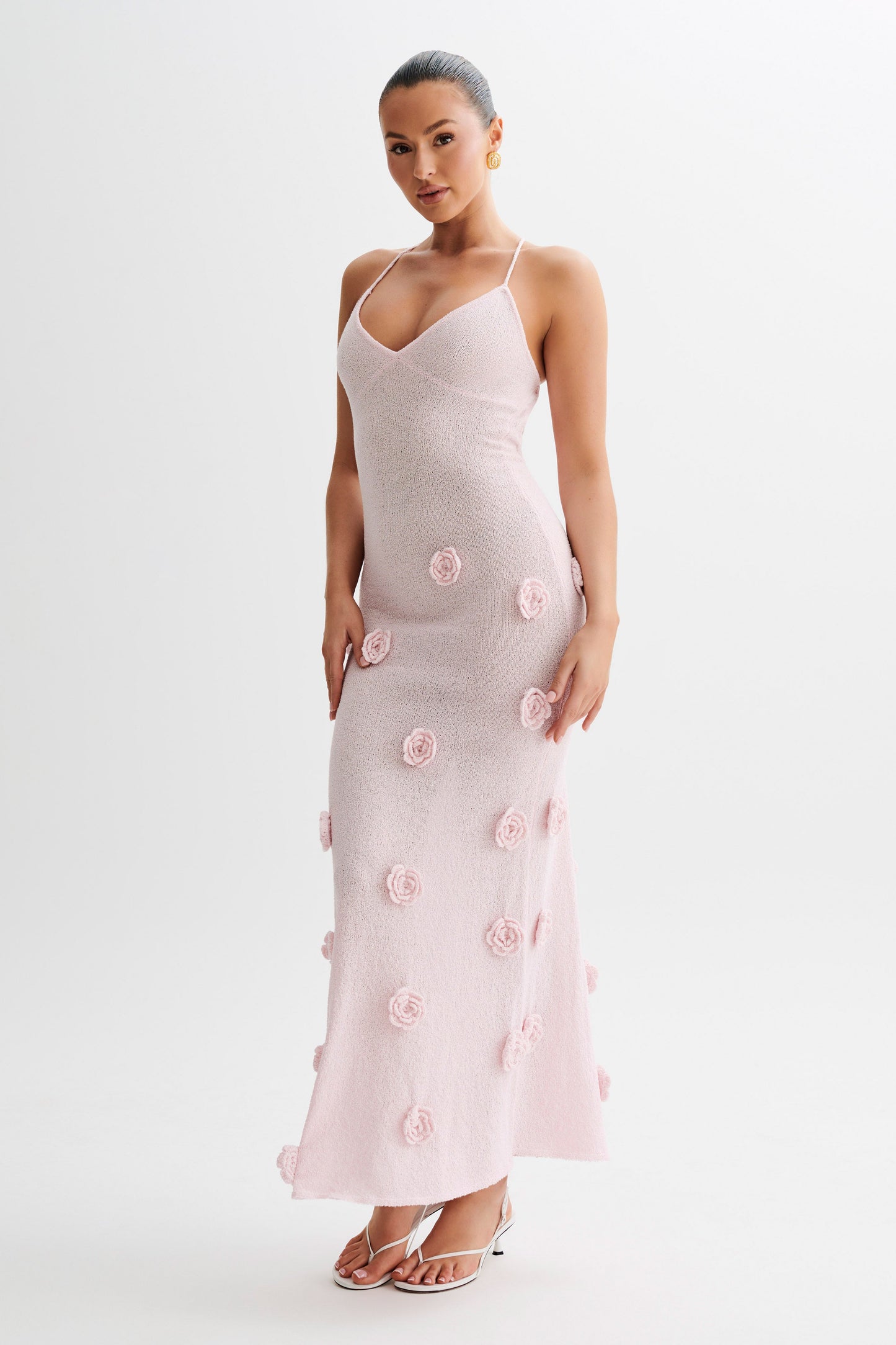 Suki Knit Maxi Dress With Flowers - Baby Pink