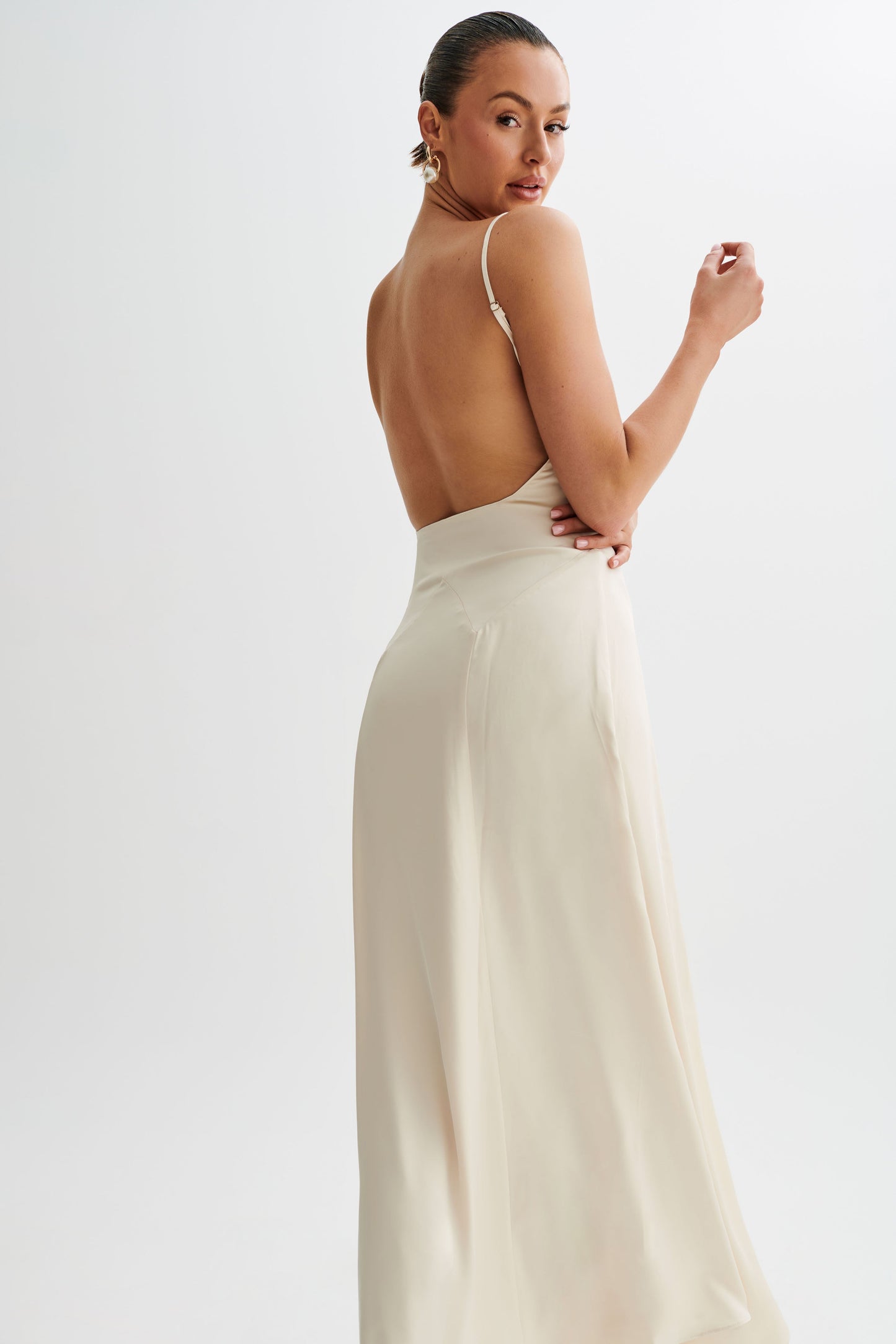 Kamala Low Back Satin Maxi Dress - Sand