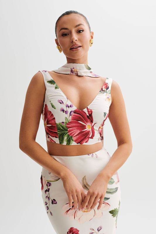 Carla Satin Sleeveless Top With Scarf - Bella Rosa Print