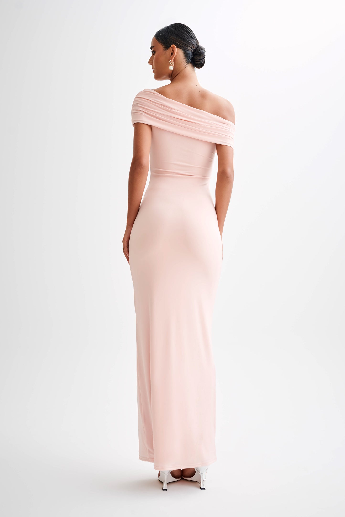 Cassandra Off Shoulder Slinky Maxi Dress - Pale Pink