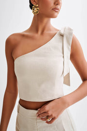 Venezia Linen One Shoulder Tie Top - Natural