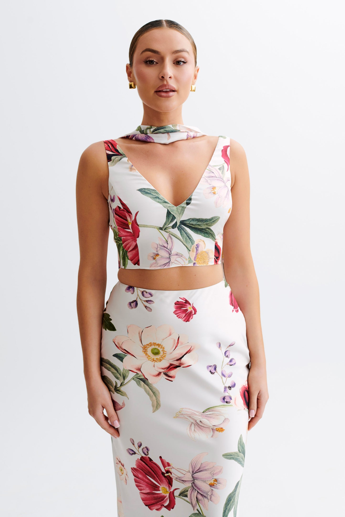 Carla Satin Sleeveless Top With Scarf - Bella Rosa Print