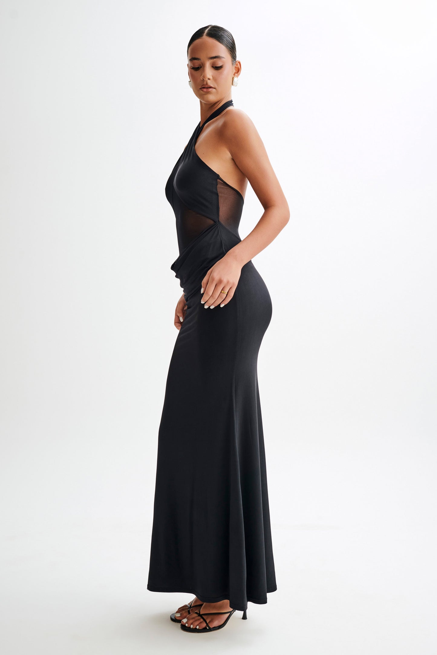 Caterina Slinky Mesh Halter Maxi Dress - Black