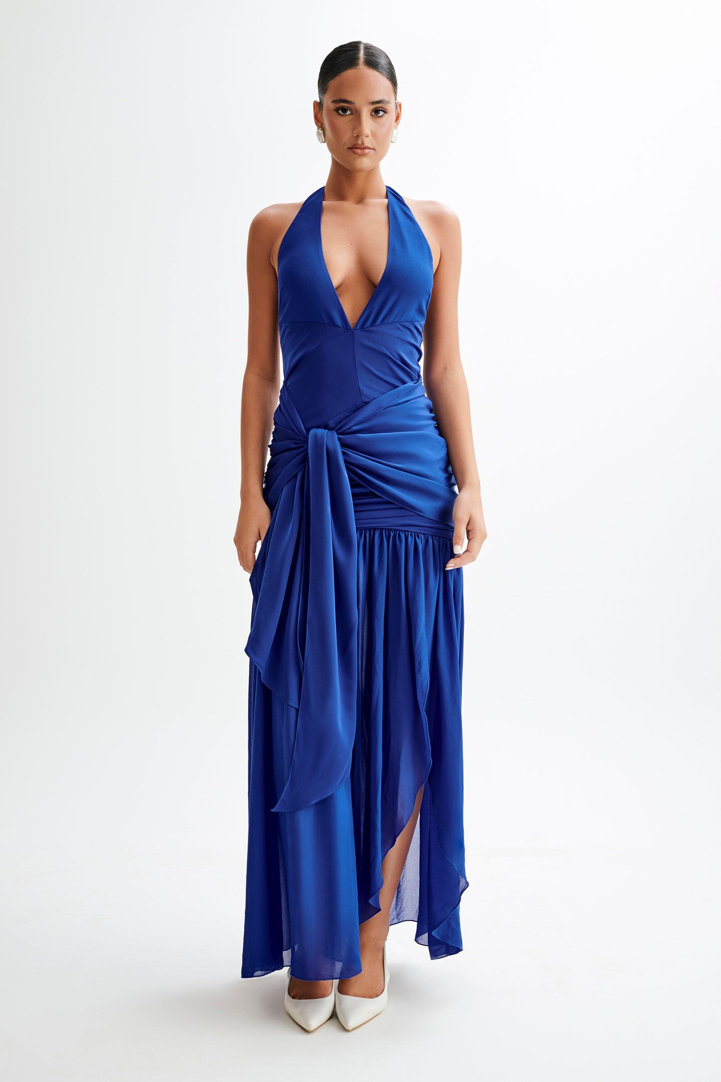 Graziana Satin Chiffon Plunge Maxi Dress - Cobalt Blue