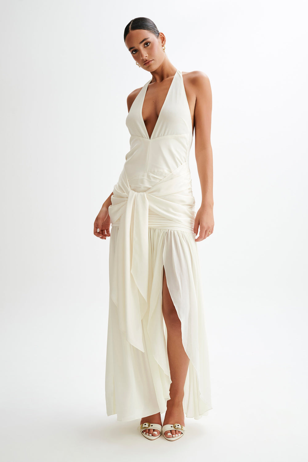 Graziana Satin Chiffon Plunge Maxi Dress - Ivory