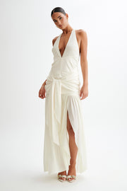 Graziana Satin Chiffon Plunge Maxi Dress - Ivory