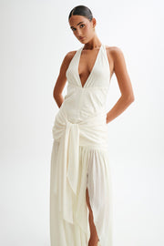 Graziana Satin Chiffon Plunge Maxi Dress - Ivory