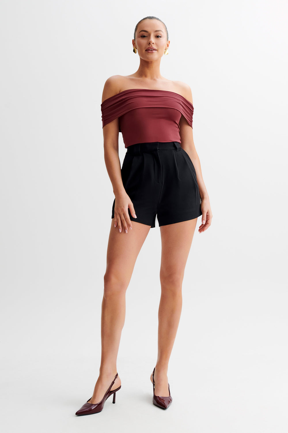 Meena Recycled Nylon Off Shoulder Top - Wine