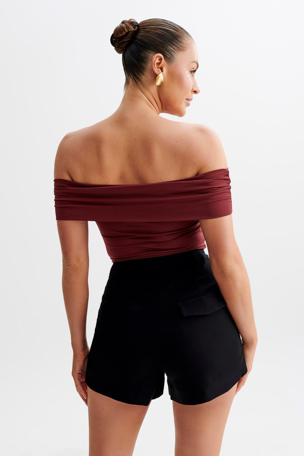 Meena Recycled Nylon Off Shoulder Top - Wine