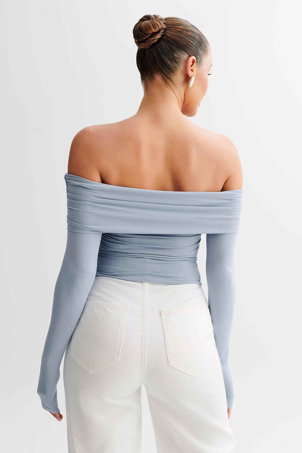 Lucinda Recycled Nylon Off Shoulder Top - Dusty Blue