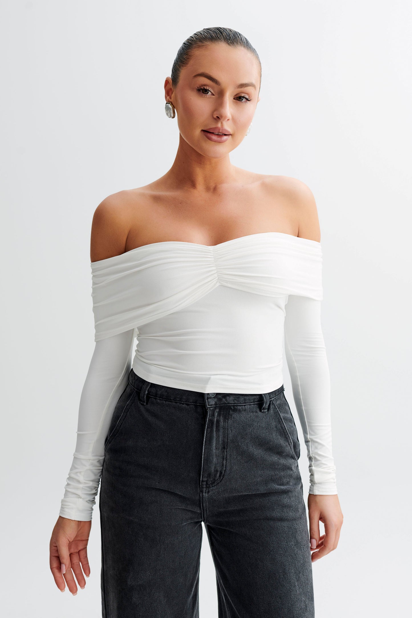 Prue Ruched Off Shoulder Long Sleeve Top - White