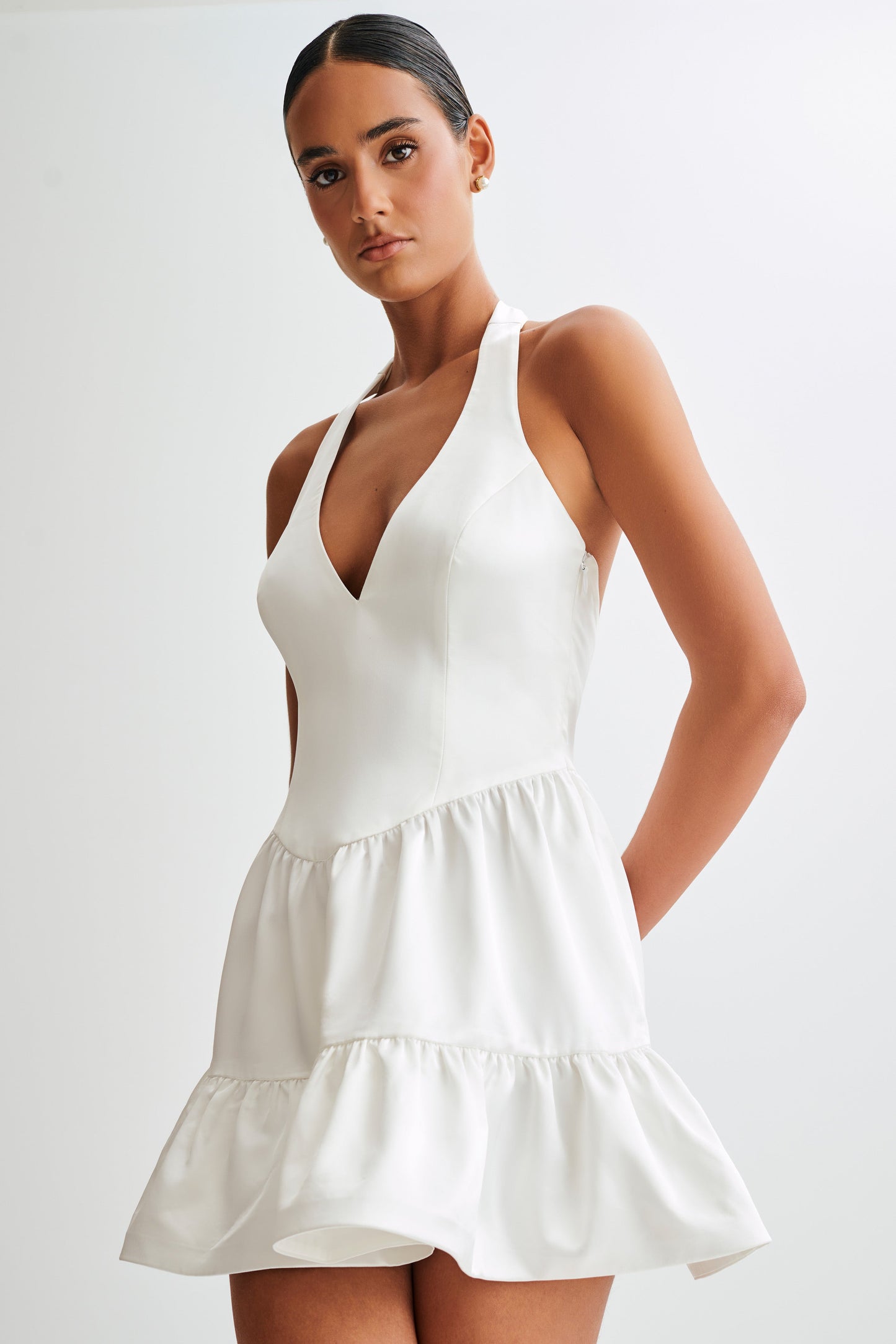 Holly Satin Structured Halter Mini Dress - White