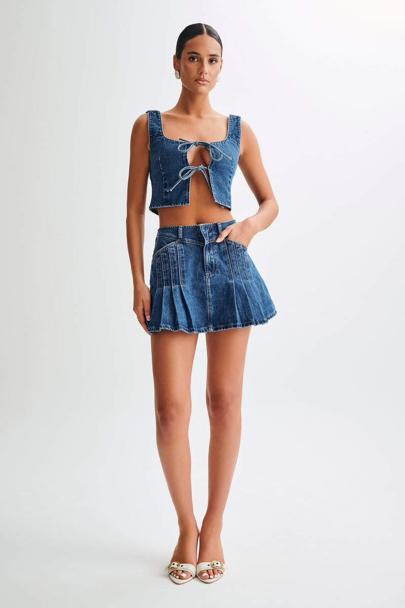 Heather Denim Pleated Mini Skirt - Dark Blue - MESHKI U.S