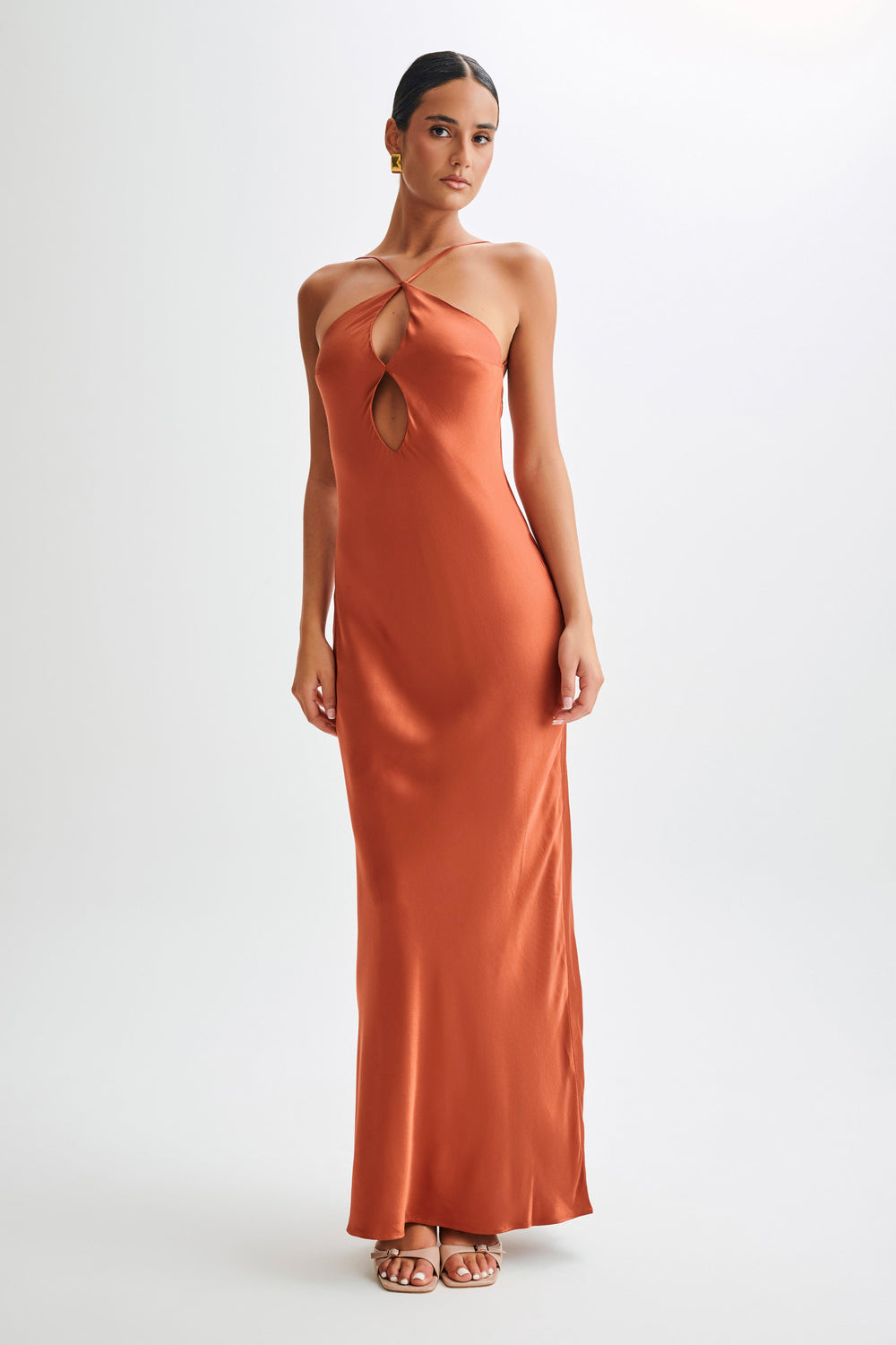 Lucia Satin Cut Out Maxi Dress - Burnt Orange