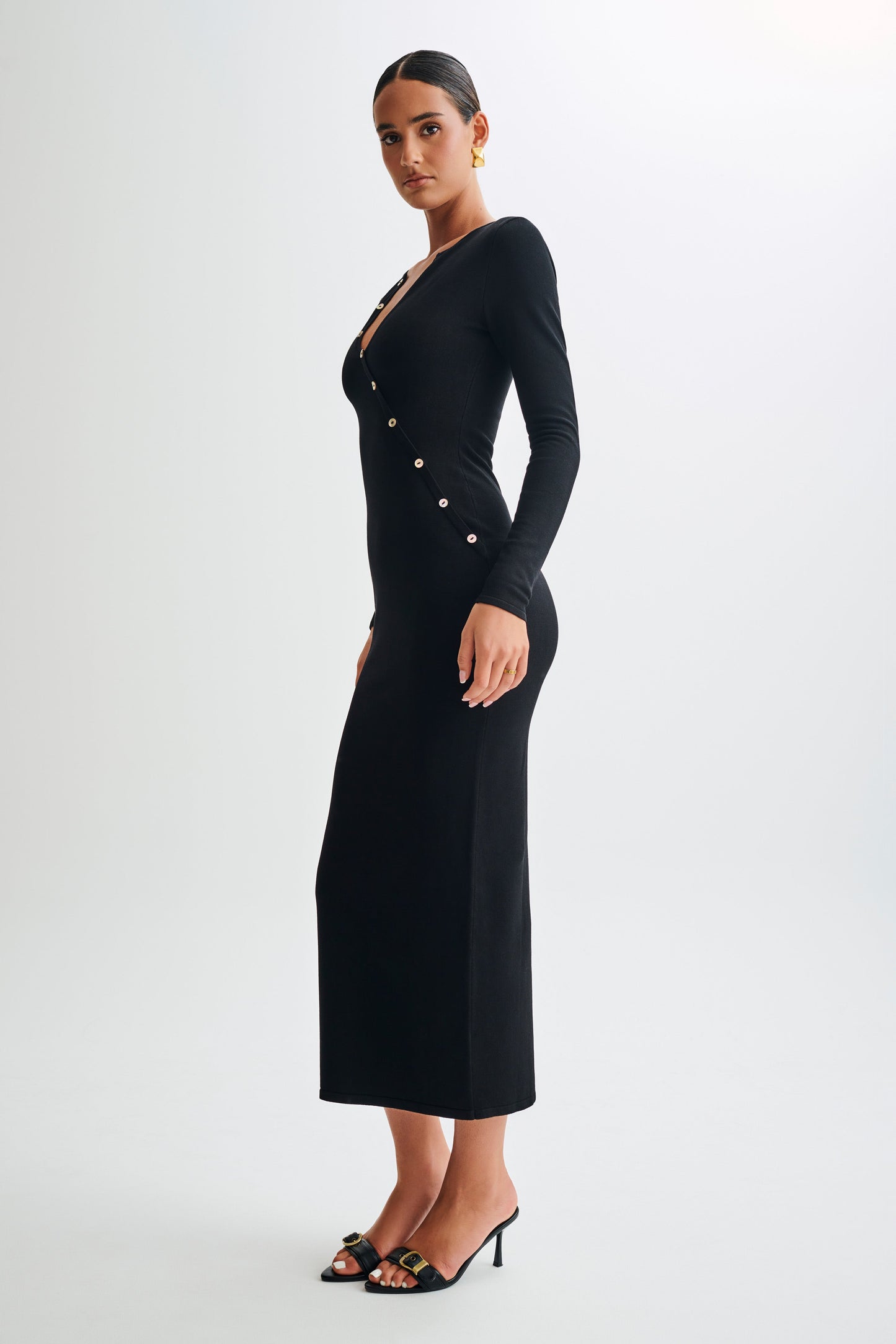 Maria Long Sleeve Buttoned Knit Maxi Dress - Black