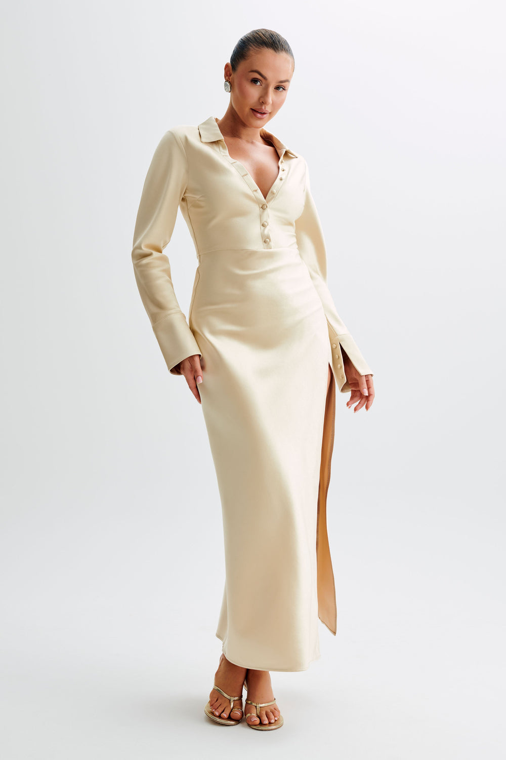 Whitley Satin Collared Maxi Dress - Gold